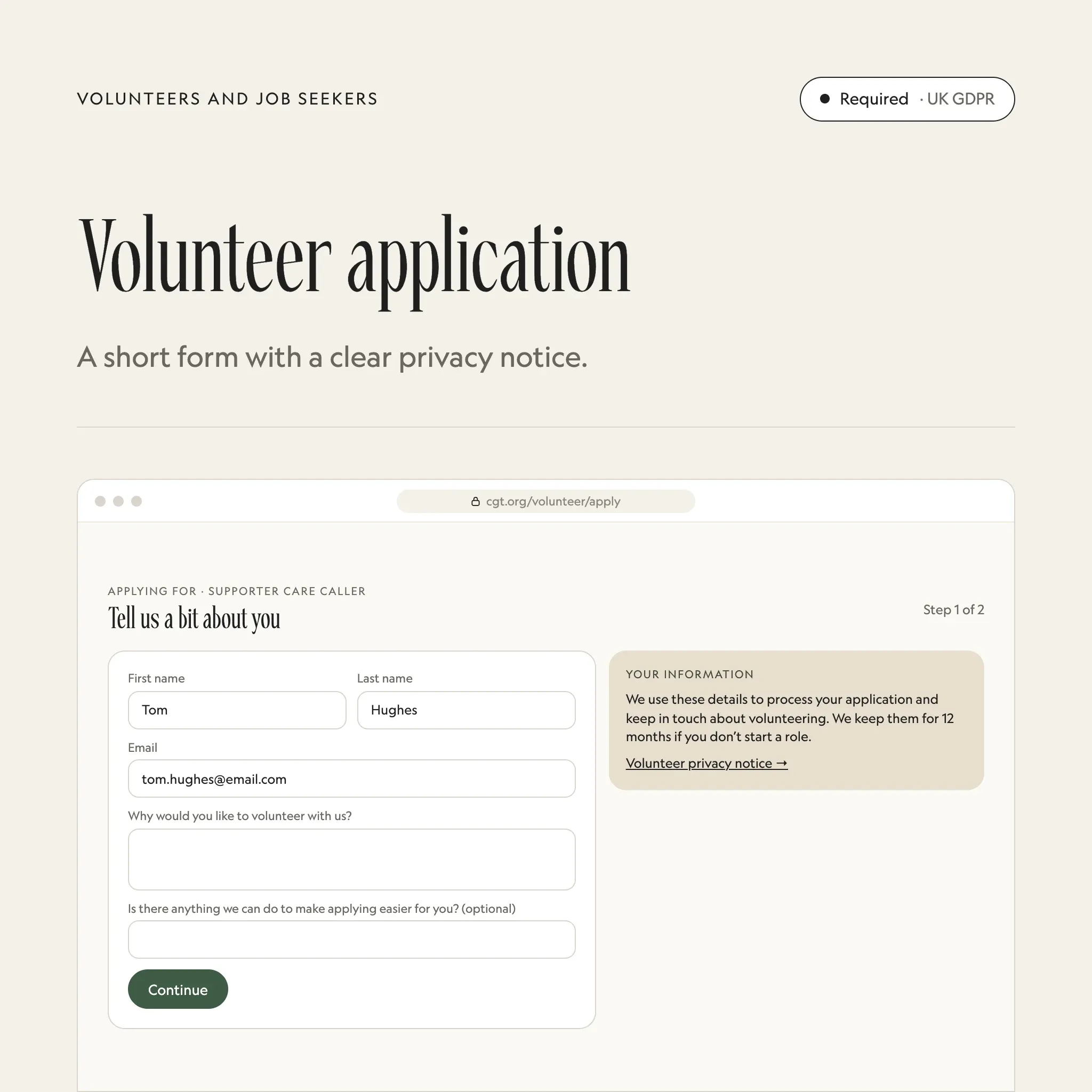 Volunteer application: an illustrated example of this section on a fictional charity's website