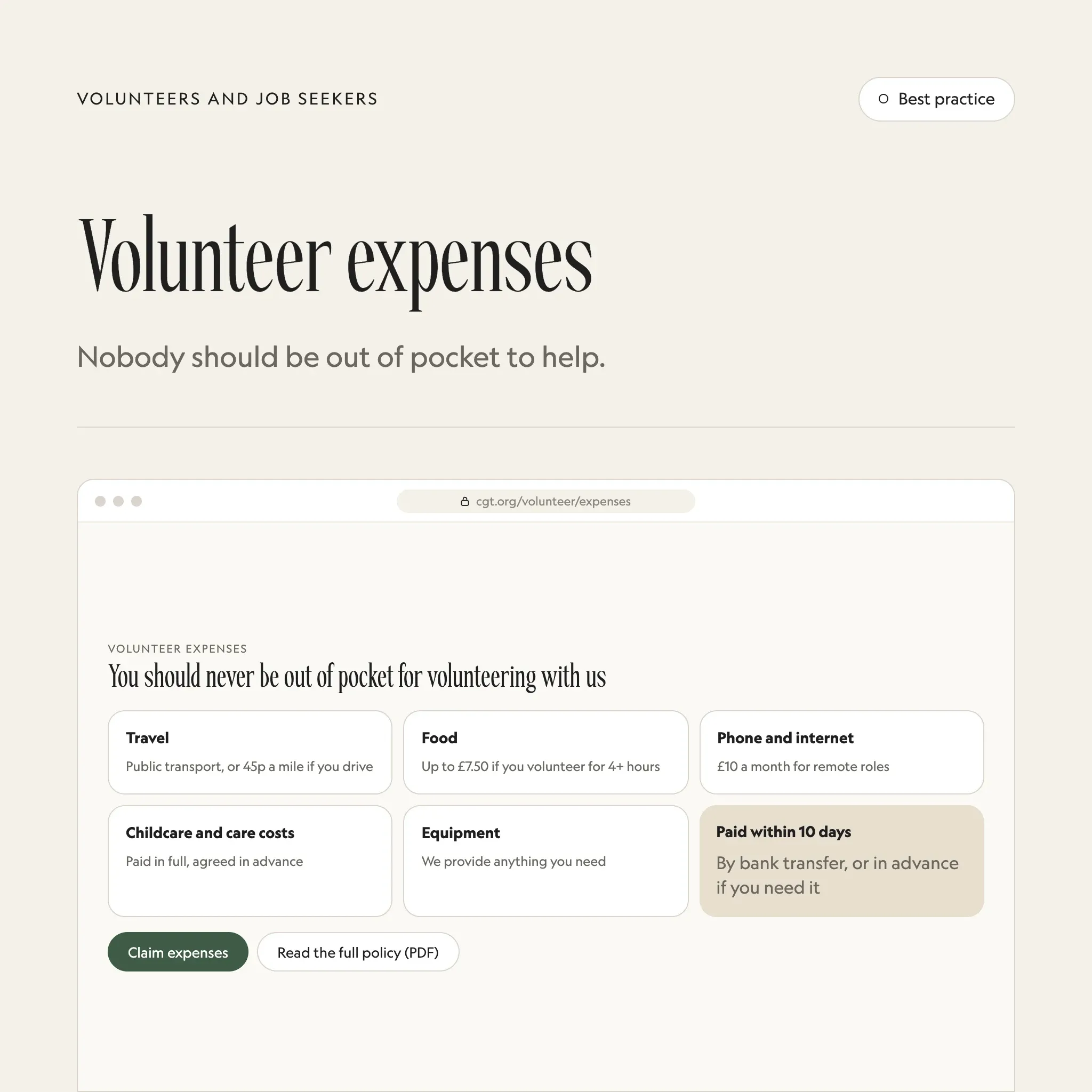 Volunteer expenses policy: an illustrated example of this section on a fictional charity's website