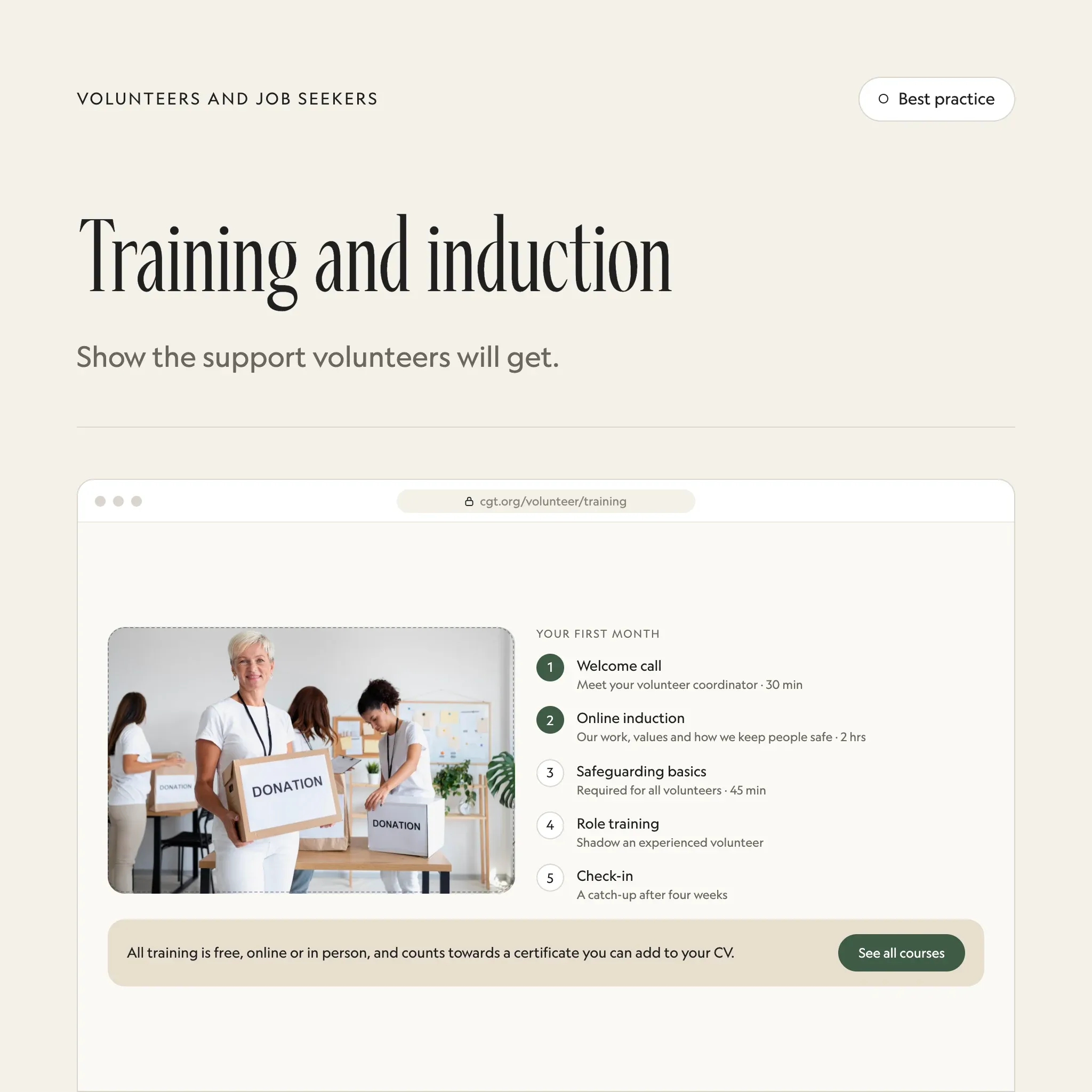 Training and induction: an illustrated example of this section on a fictional charity's website