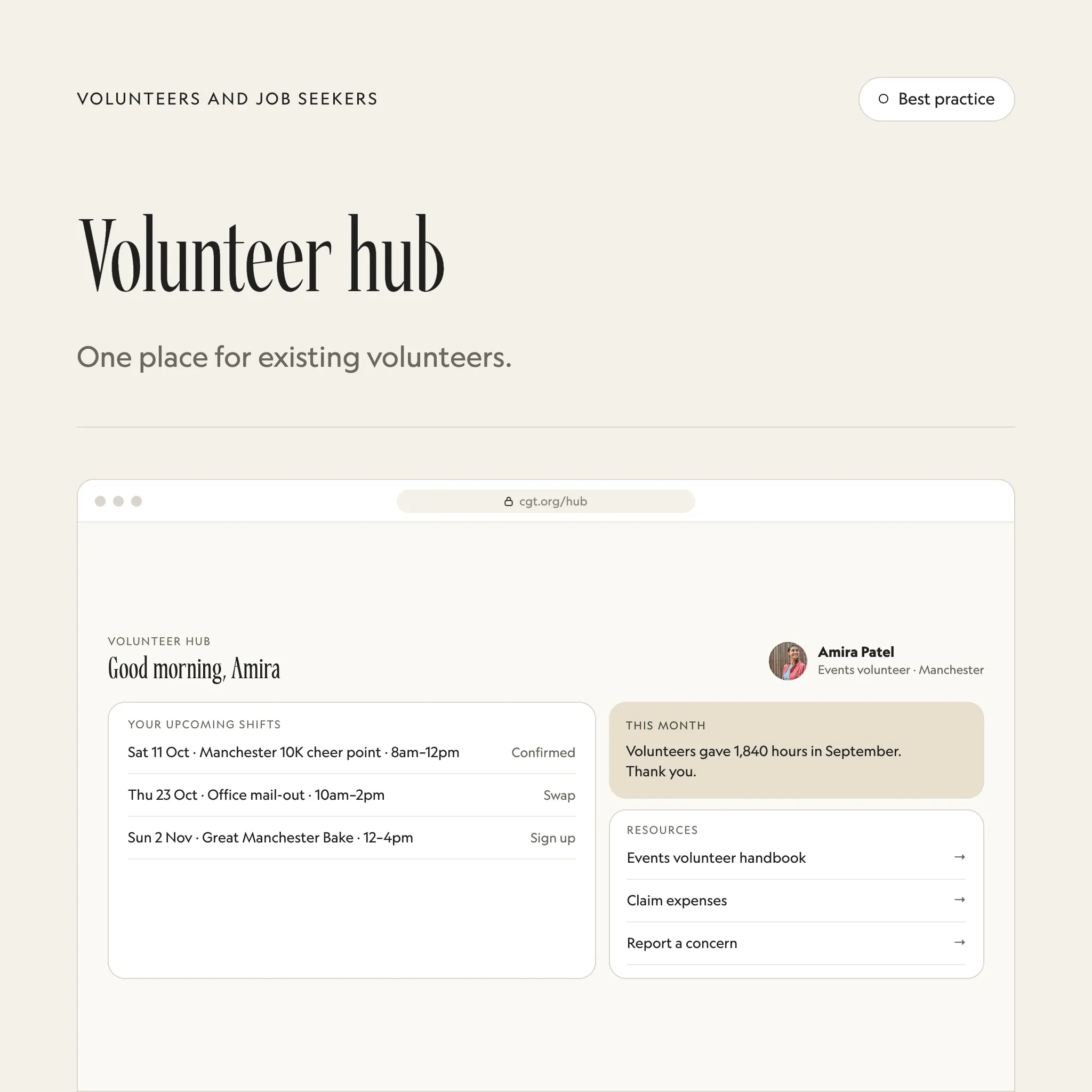Volunteer hub: an illustrated example of this section on a fictional charity's website