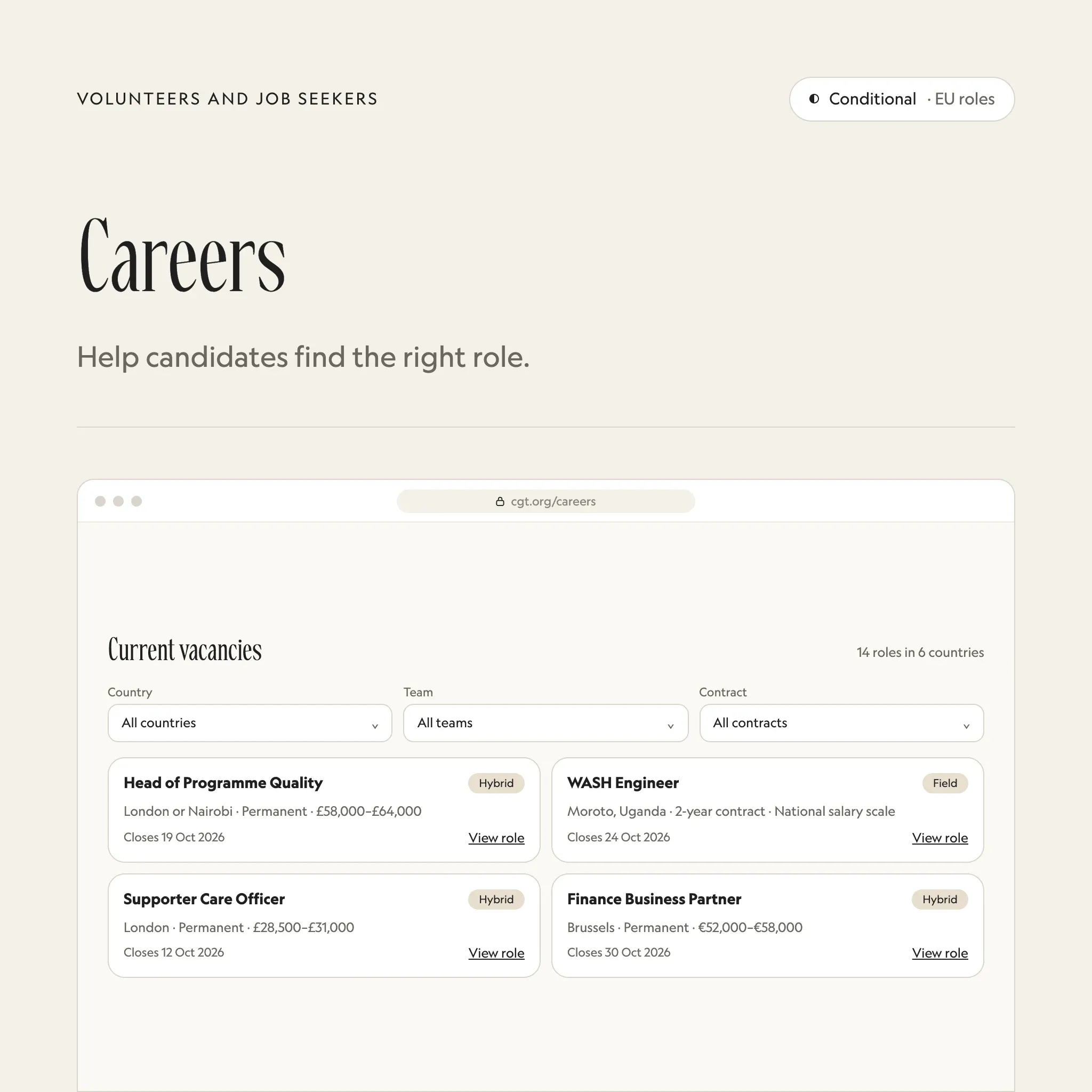 Careers and vacancies: an illustrated example of this section on a fictional charity's website