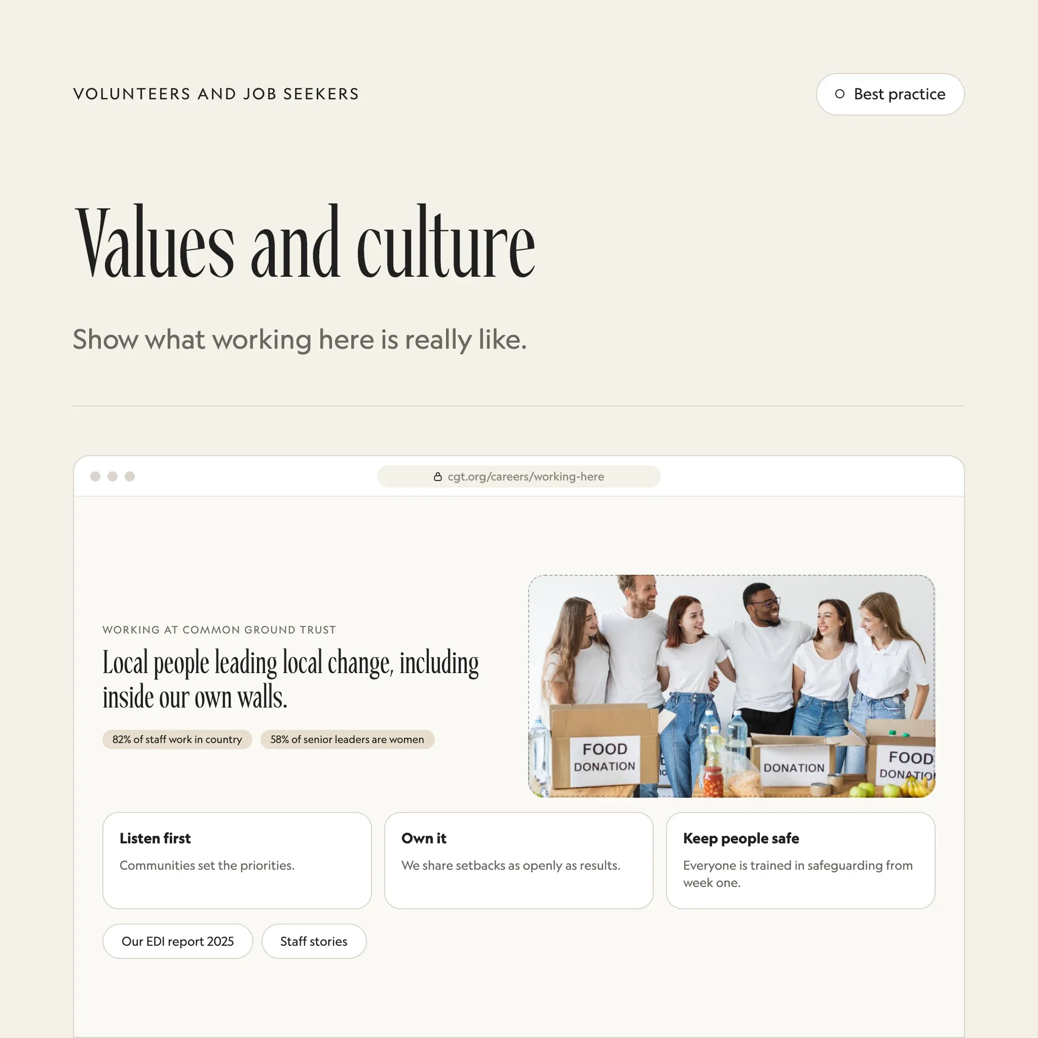 Values and culture: an illustrated example of this section on a fictional charity's website