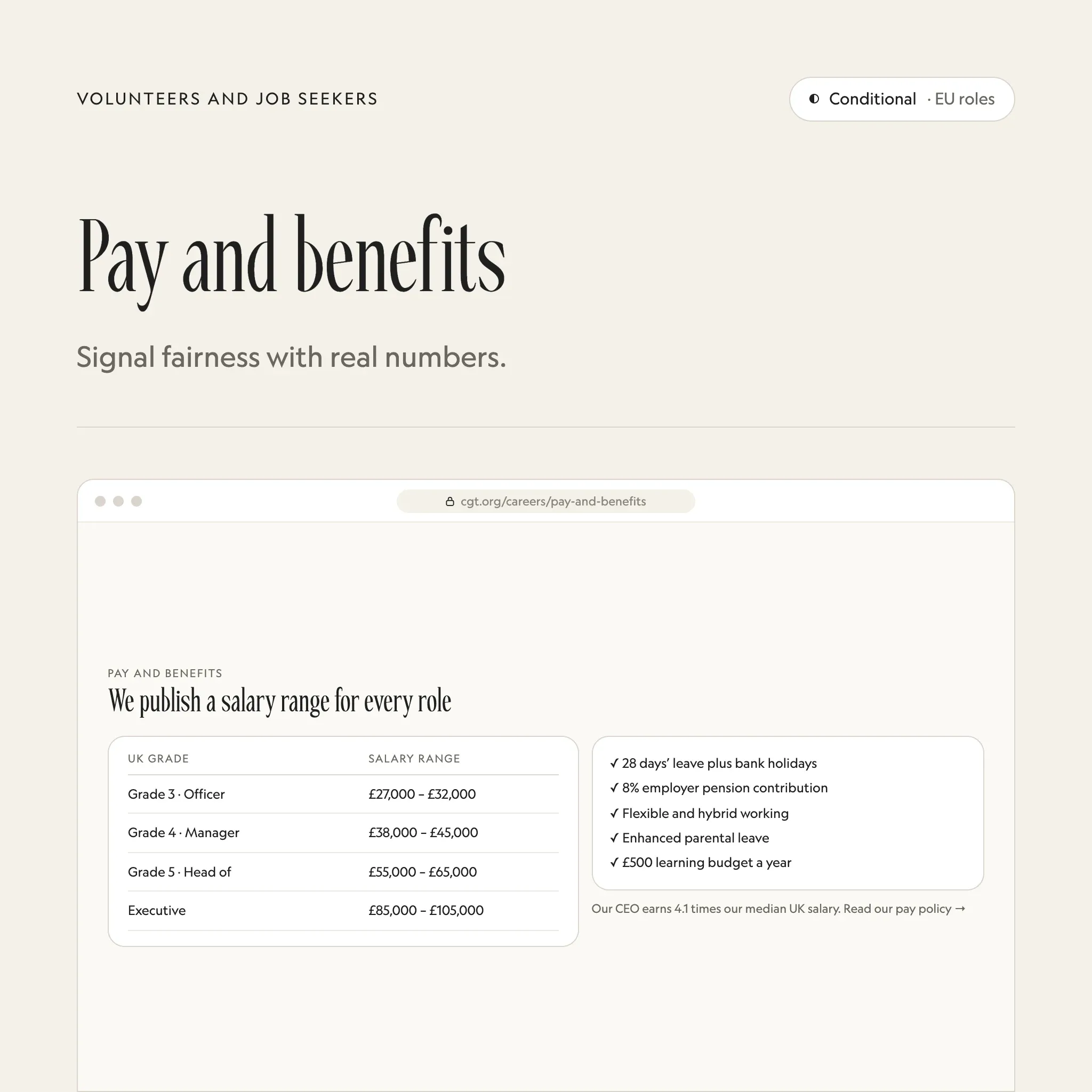 Pay and benefits: an illustrated example of this section on a fictional charity's website
