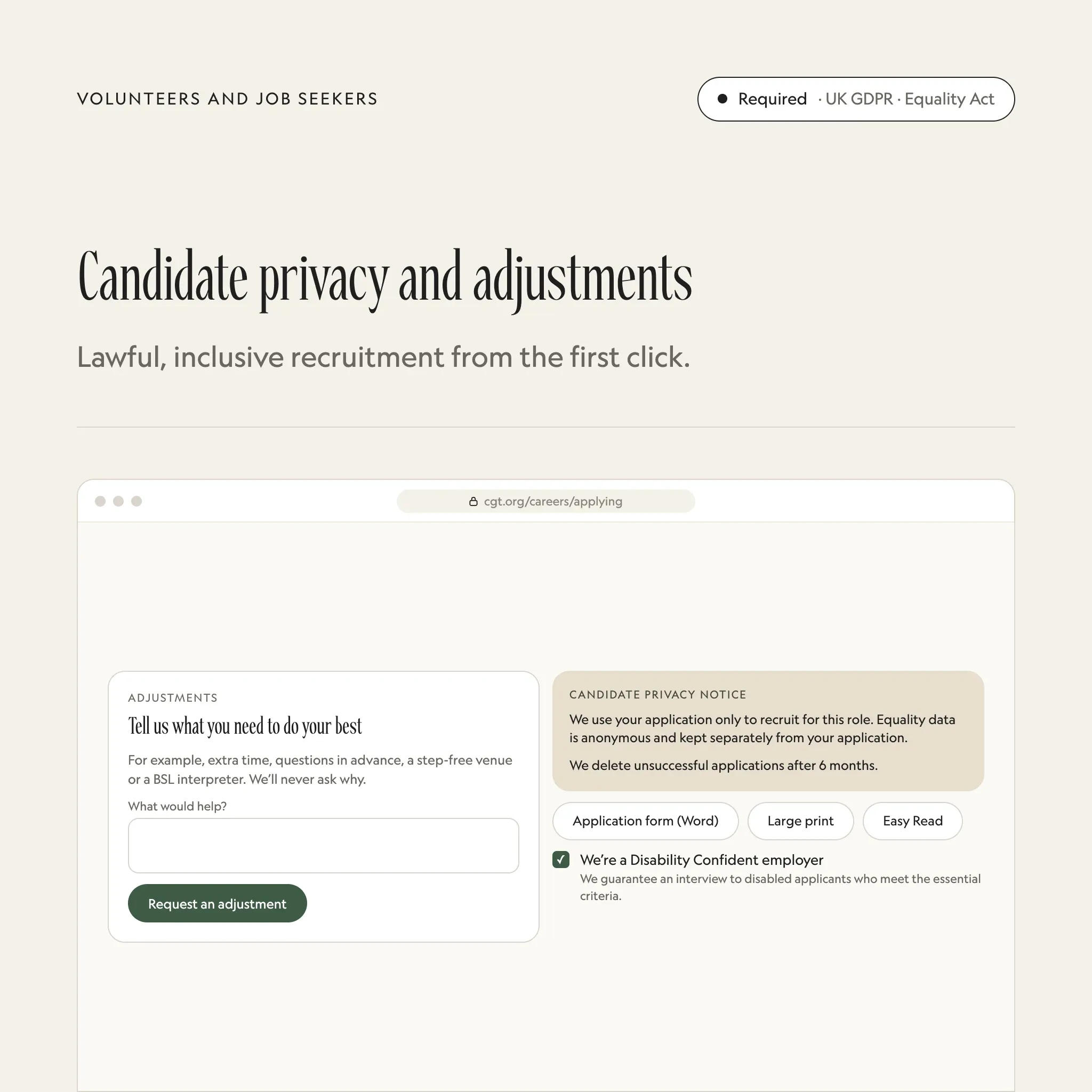 Candidate privacy and adjustments: an illustrated example of this section on a fictional charity's website