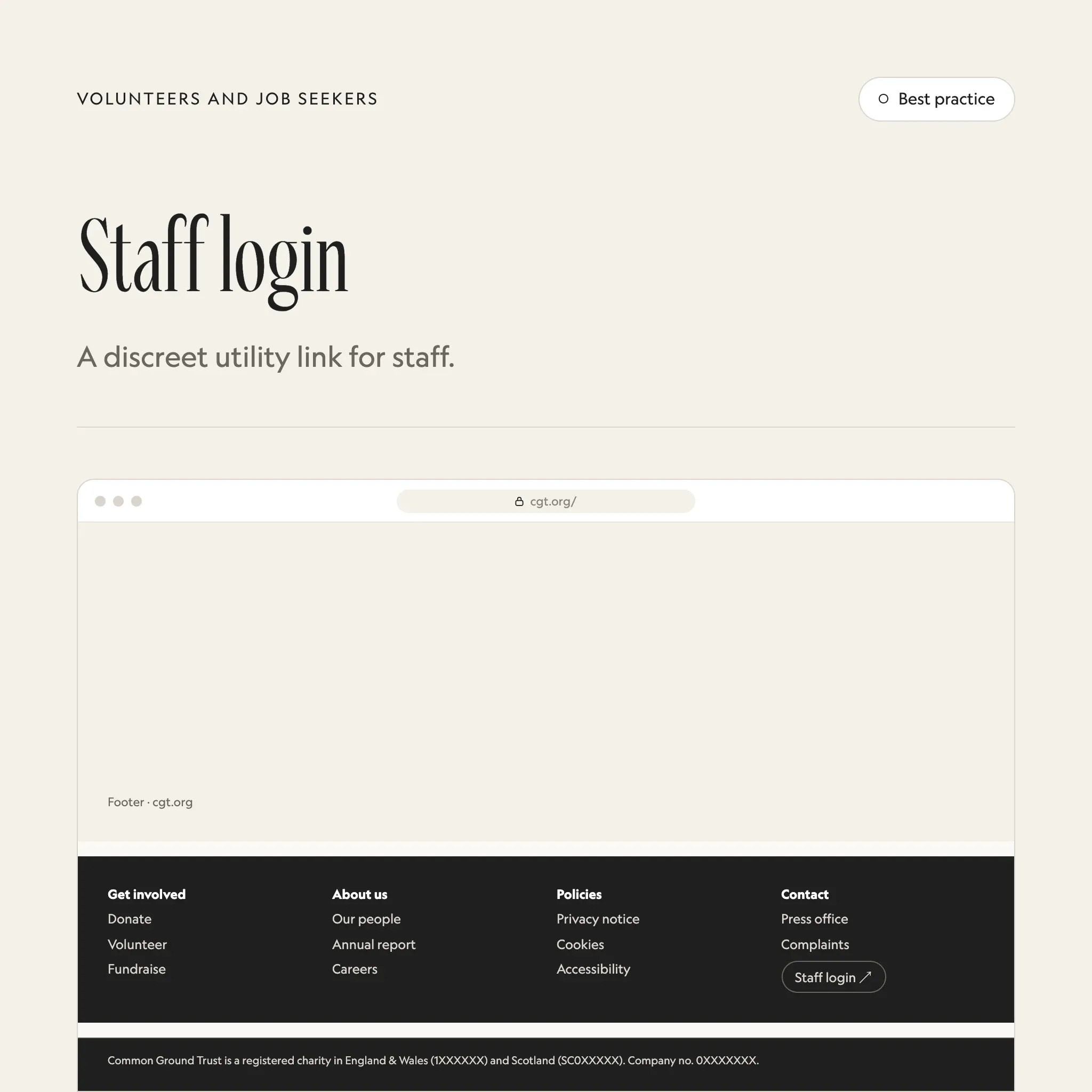 Staff login link: an illustrated example of this section on a fictional charity's website