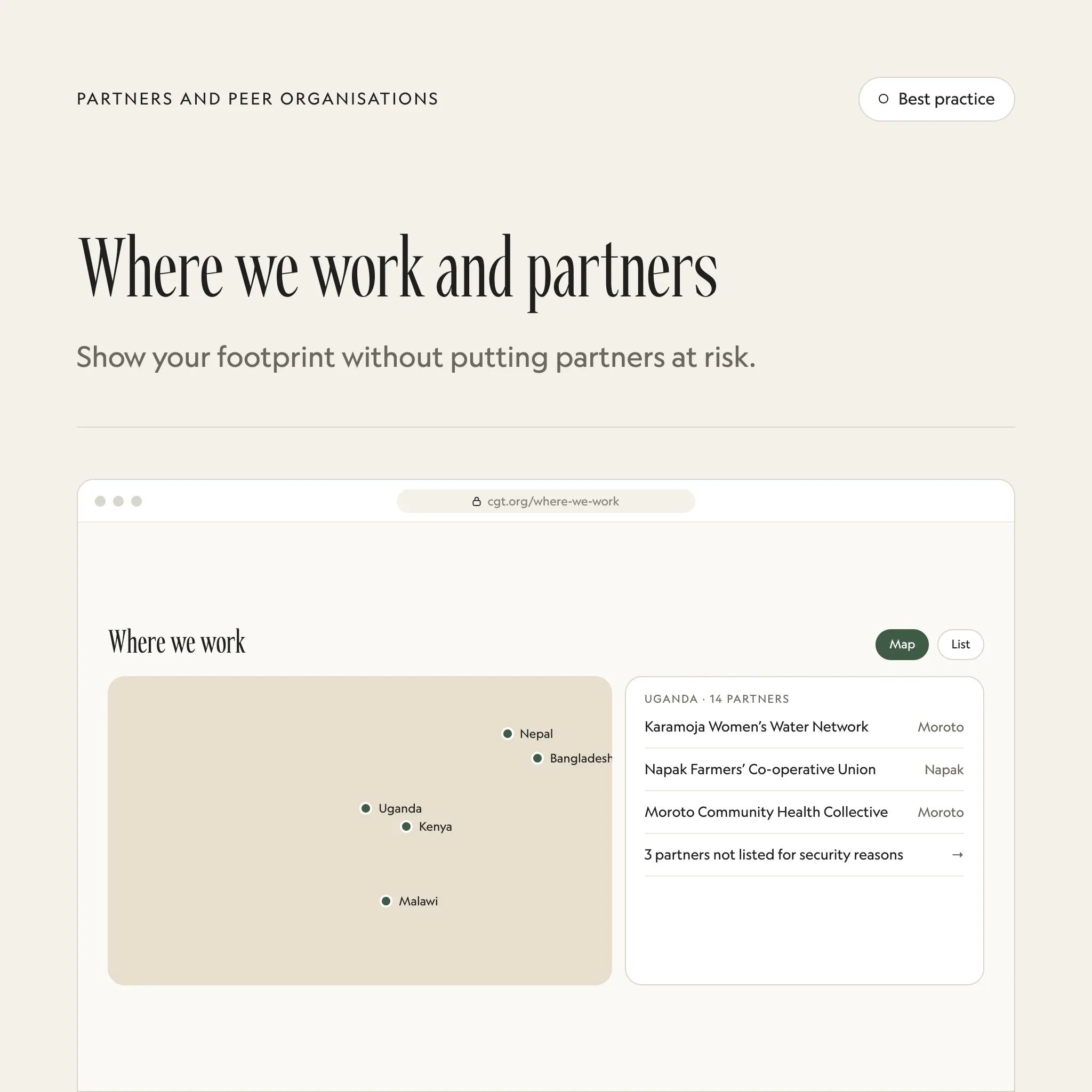 Where we work: an illustrated example of this section on a fictional charity's website