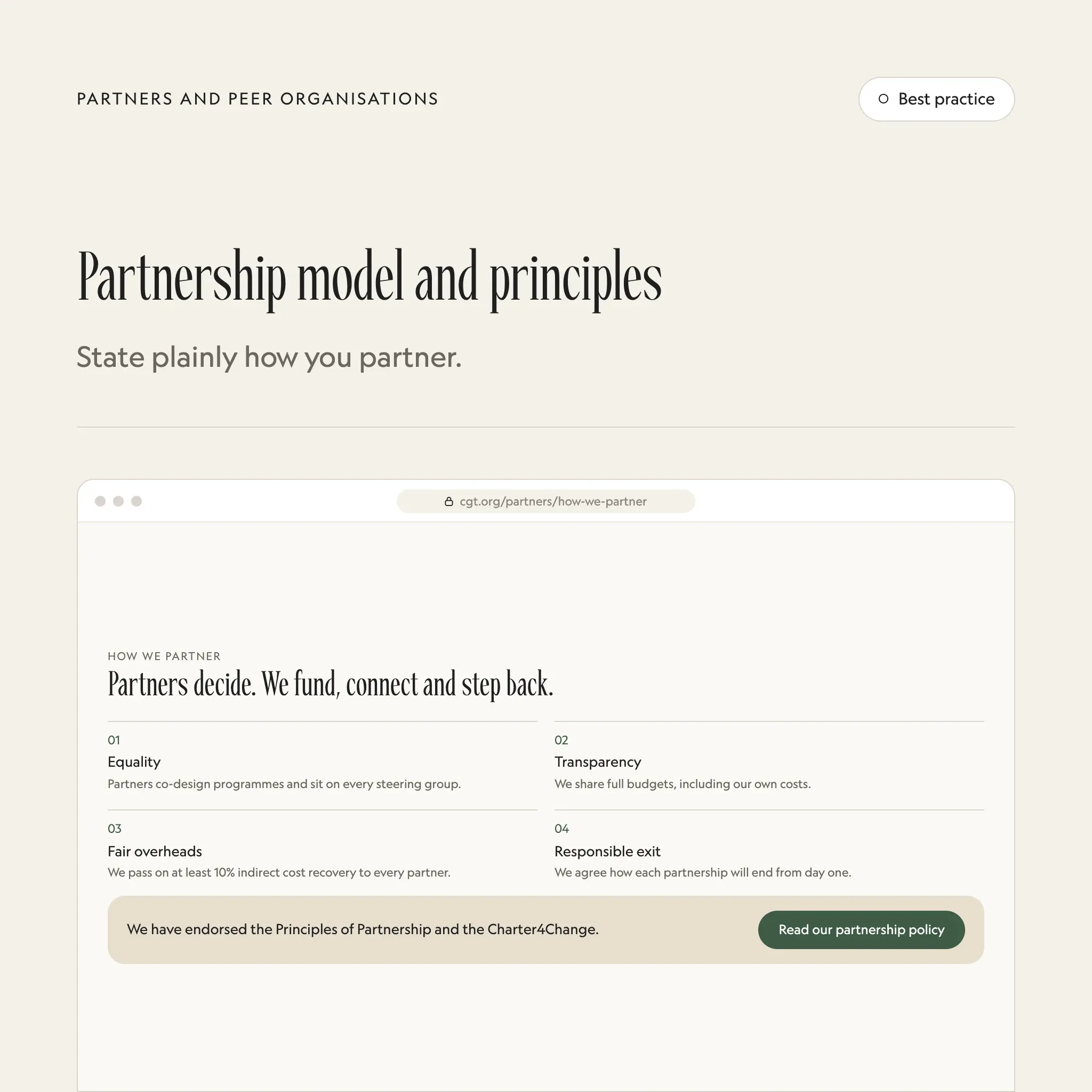 How we partner: an illustrated example of this section on a fictional charity's website