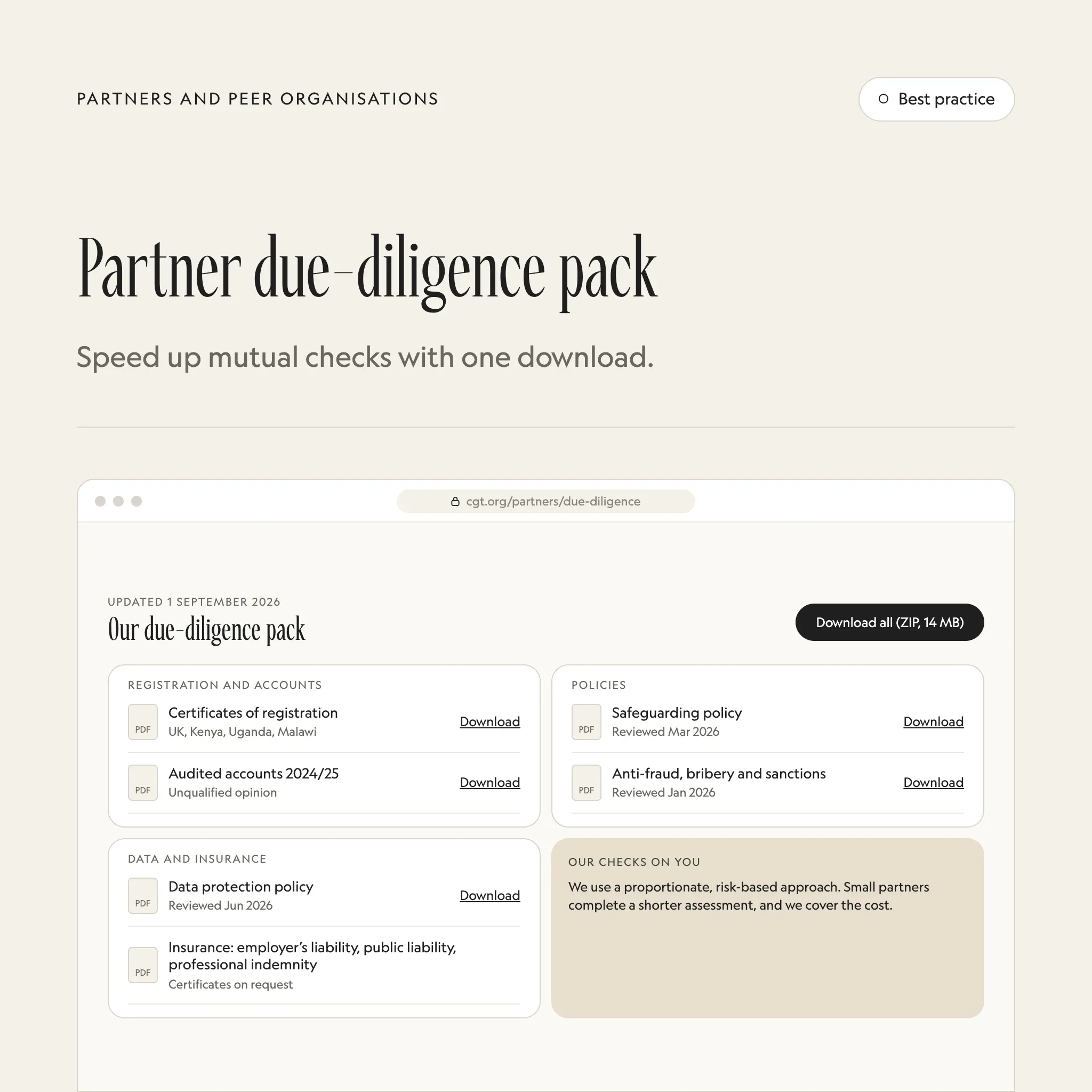 Due-diligence document pack: an illustrated example of this section on a fictional charity's website