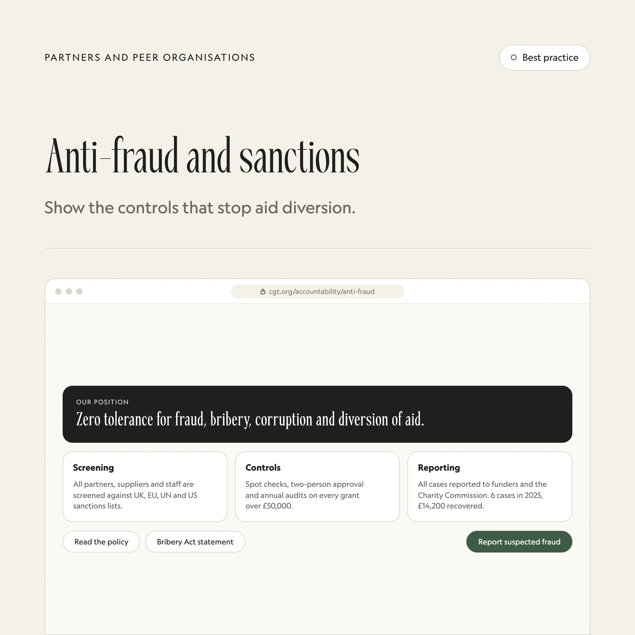 Fraud, bribery and sanctions: an illustrated example of this section on a fictional charity's website
