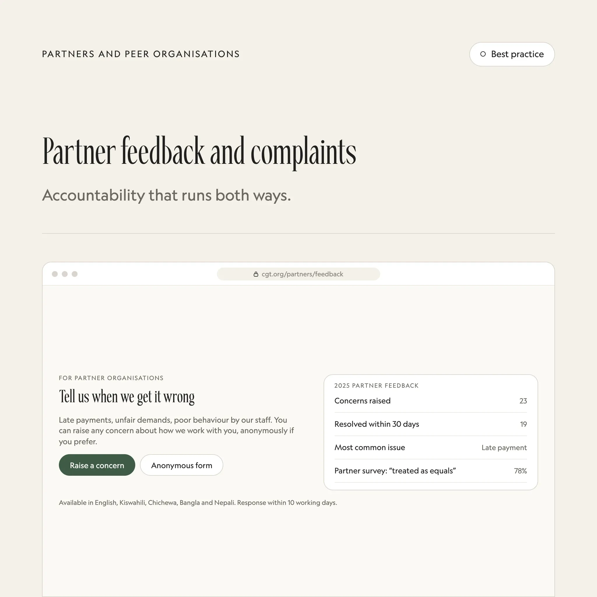 Partner feedback and complaints: an illustrated example of this section on a fictional charity's website
