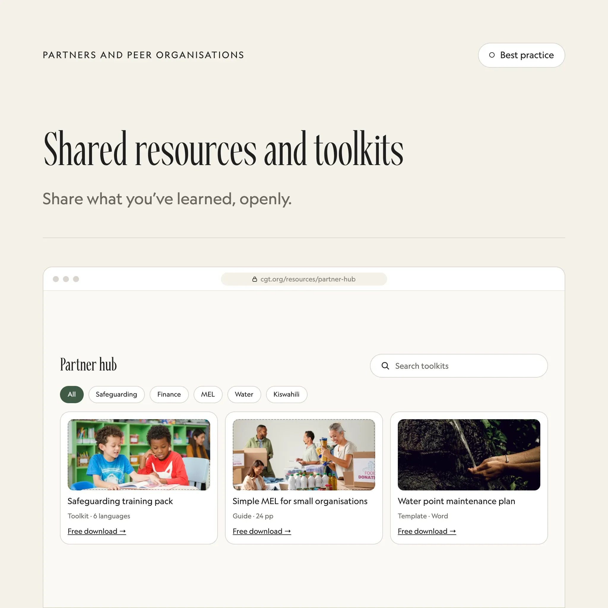 Shared resources: an illustrated example of this section on a fictional charity's website
