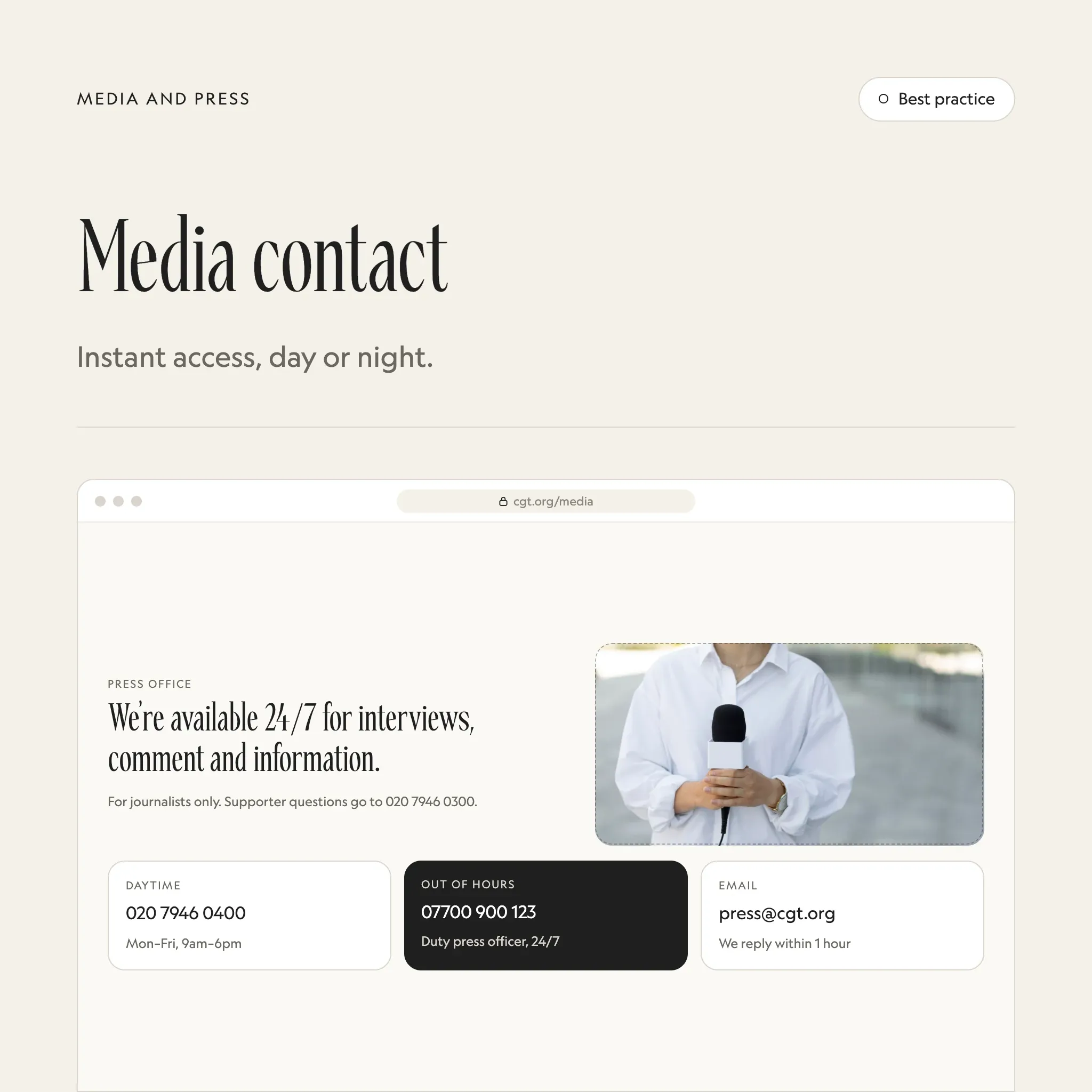 Media contact: an illustrated example of this section on a fictional charity's website