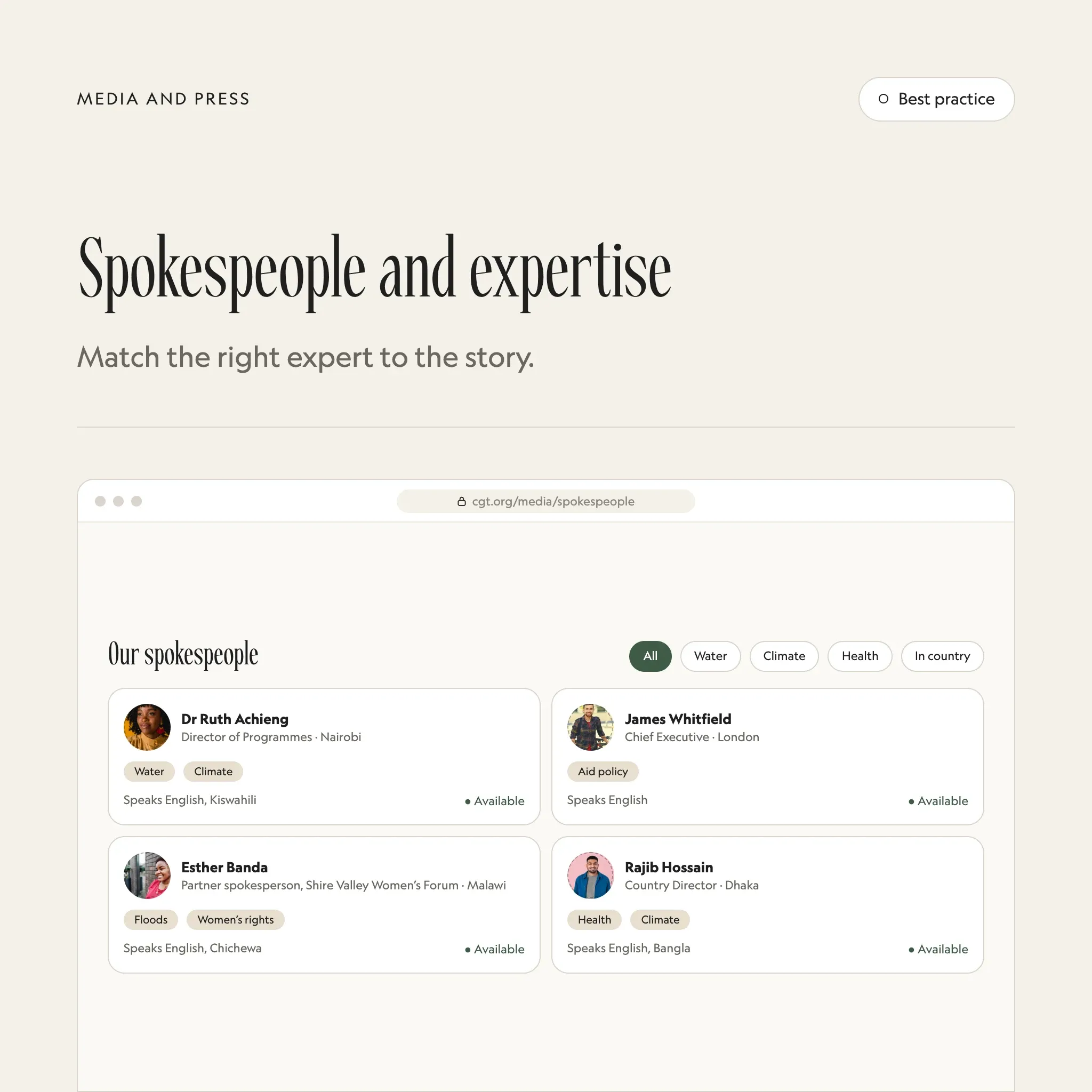 Spokespeople: an illustrated example of this section on a fictional charity's website