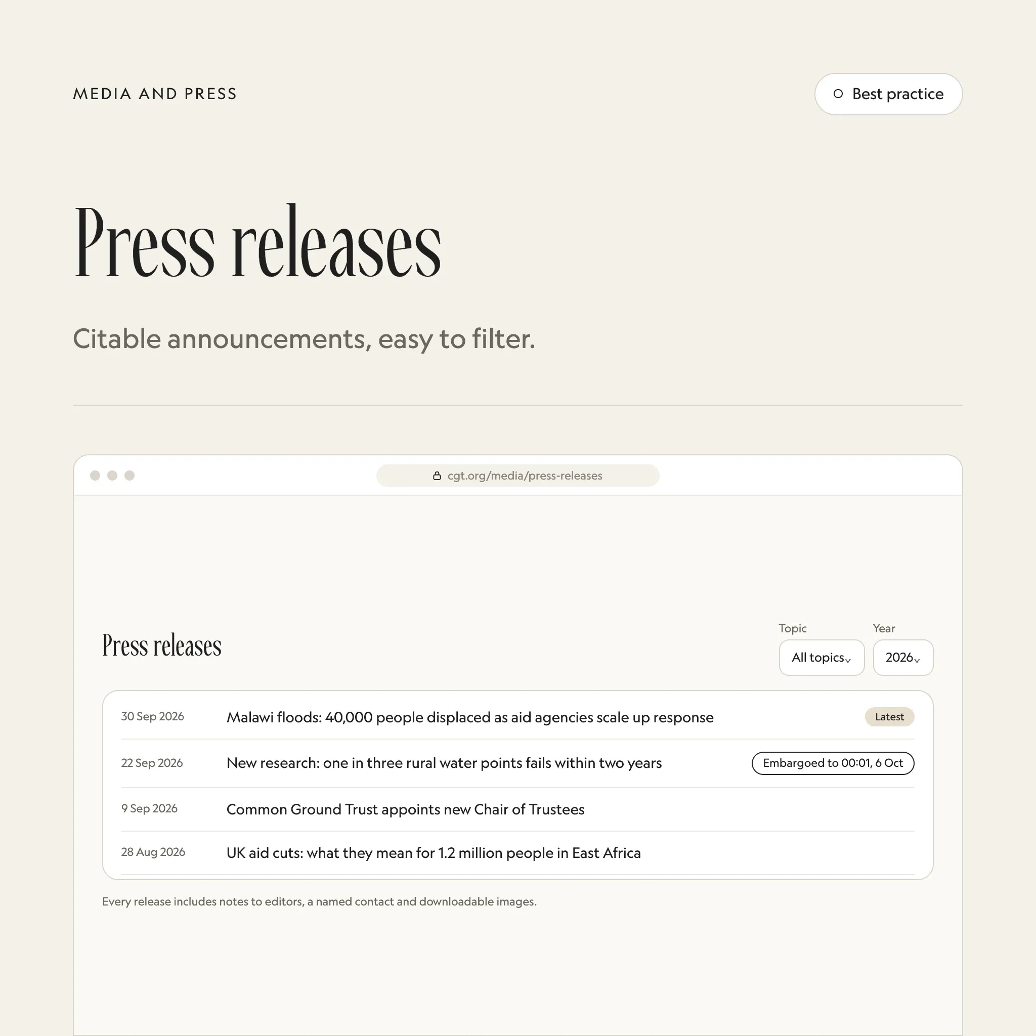 Press releases: an illustrated example of this section on a fictional charity's website