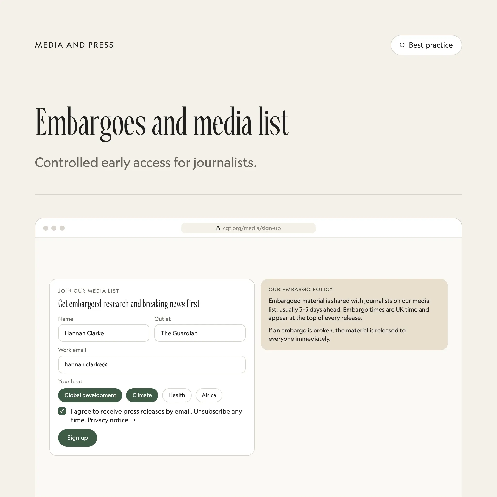 Embargoes and media list: an illustrated example of this section on a fictional charity's website