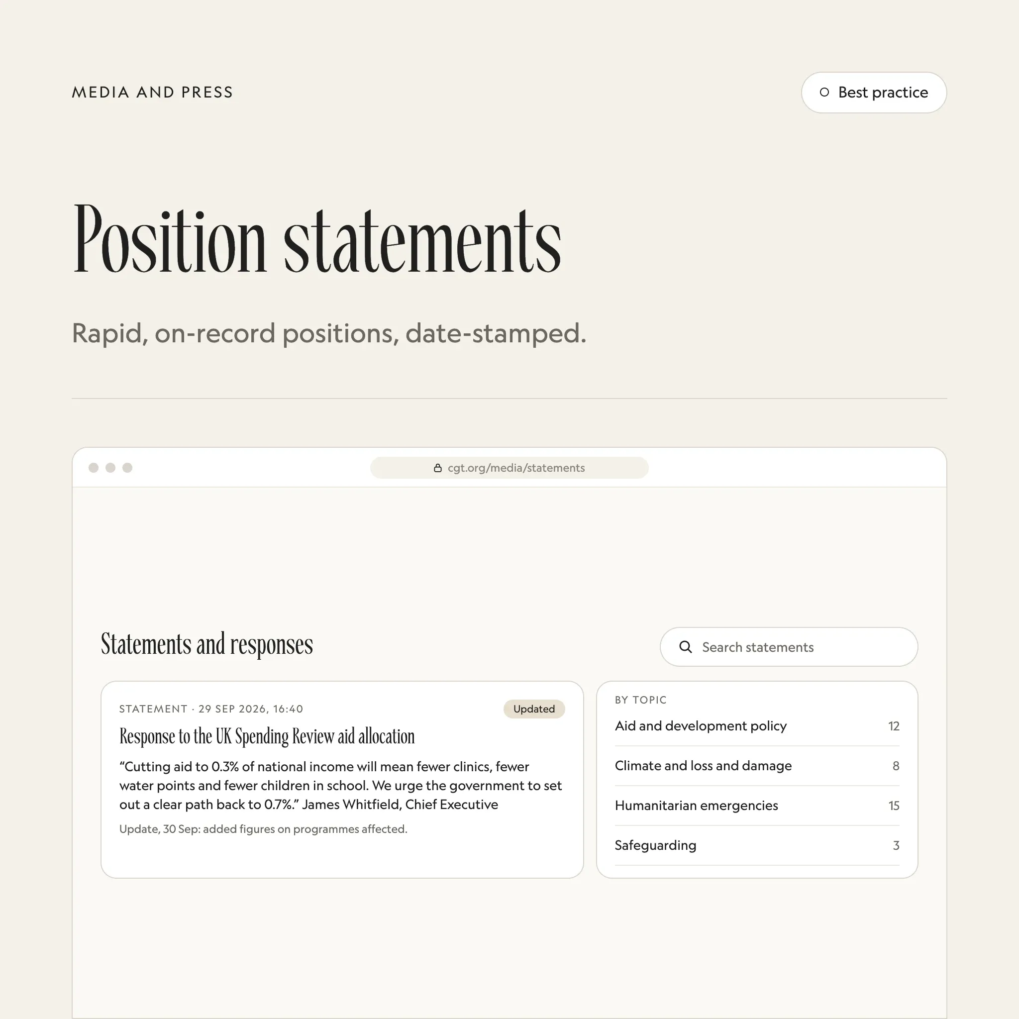 Position statements: an illustrated example of this section on a fictional charity's website