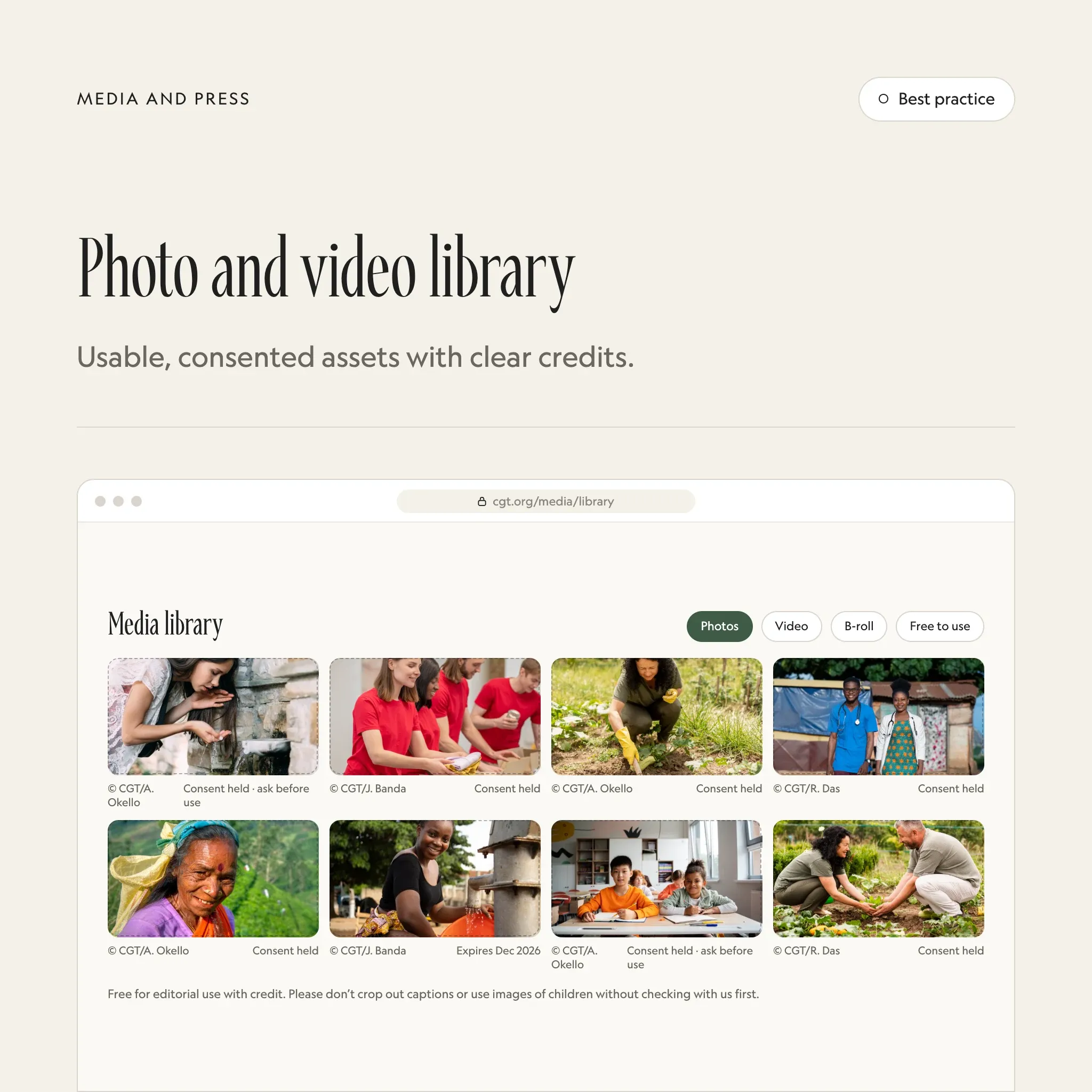 Photo and video library: an illustrated example of this section on a fictional charity's website