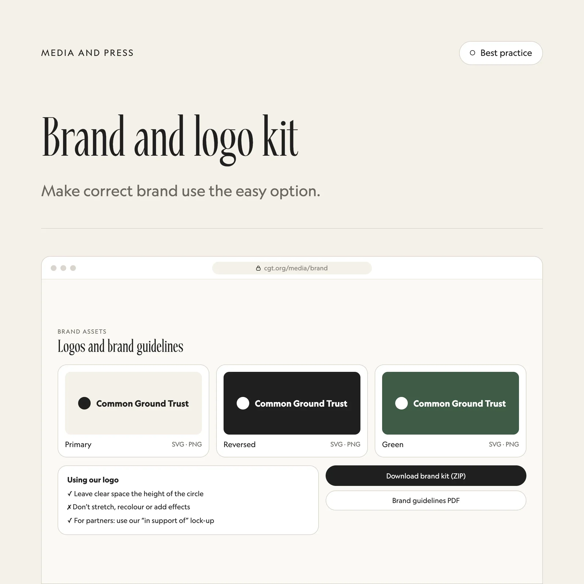 Brand and logo kit: an illustrated example of this section on a fictional charity's website