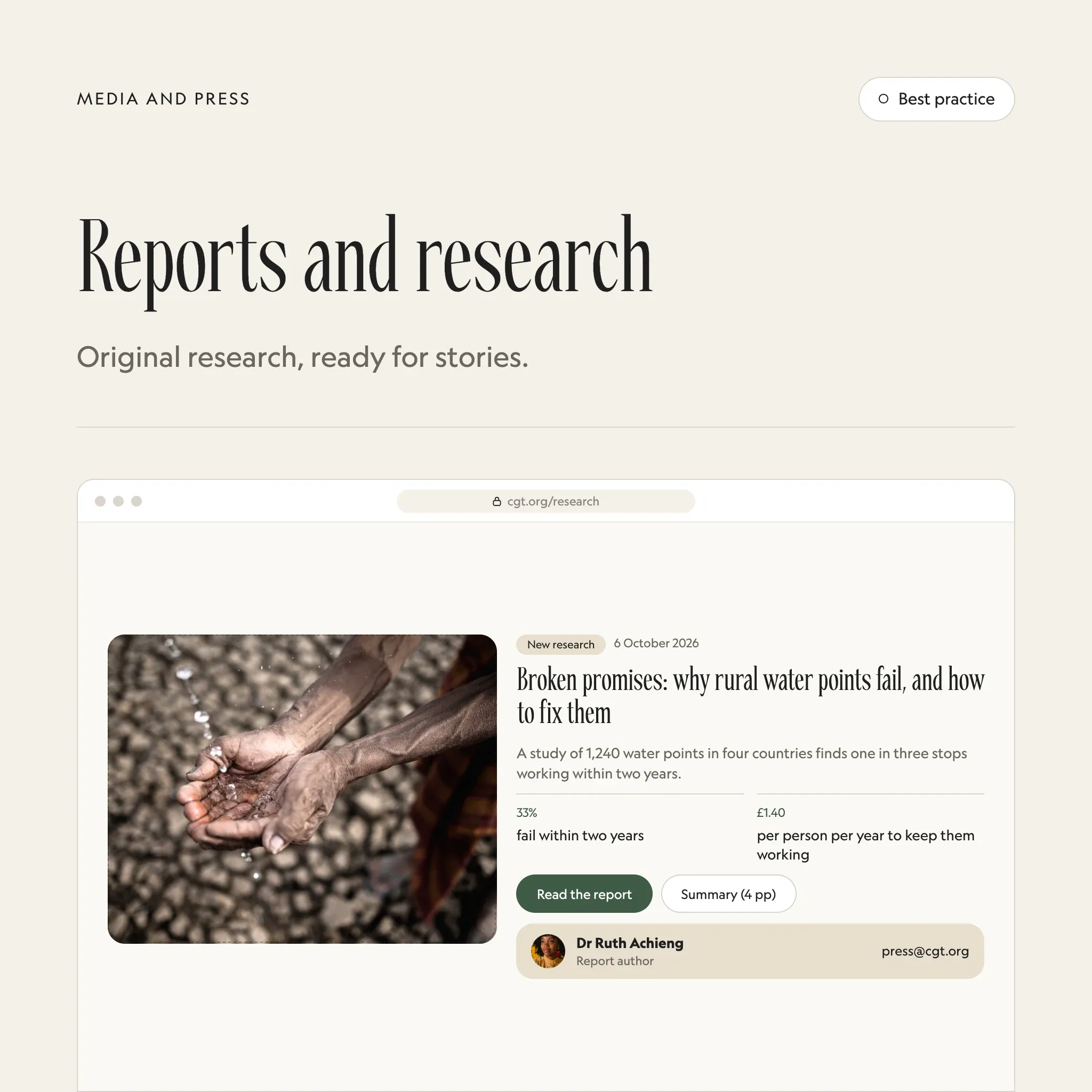 Reports and research: an illustrated example of this section on a fictional charity's website