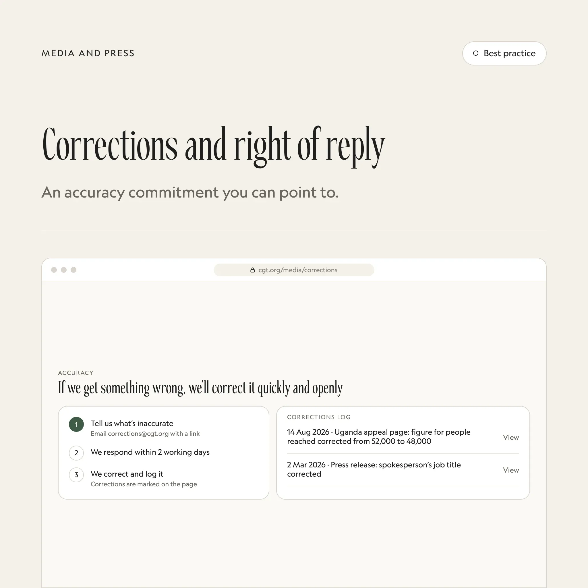 Corrections: an illustrated example of this section on a fictional charity's website