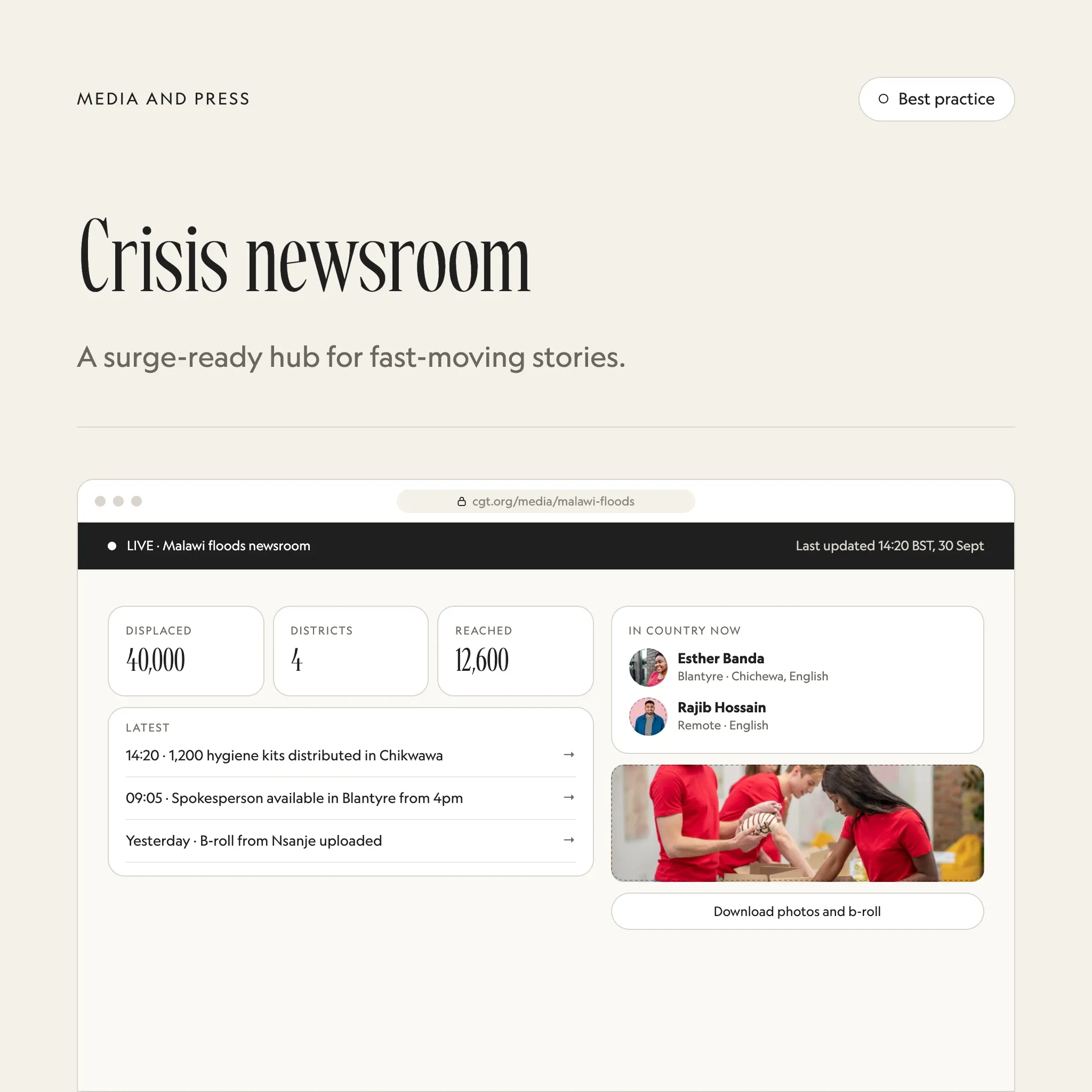 Crisis newsroom: an illustrated example of this section on a fictional charity's website