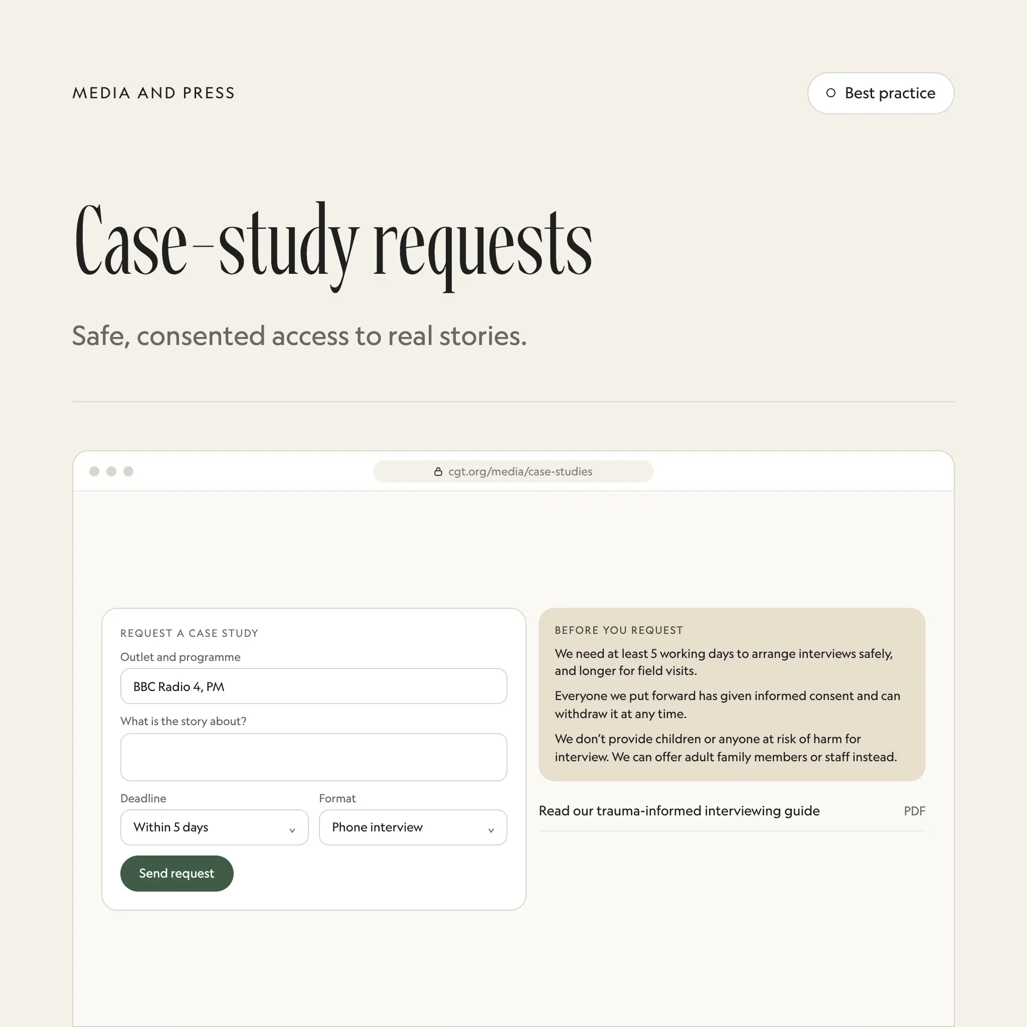 Case-study requests: an illustrated example of this section on a fictional charity's website