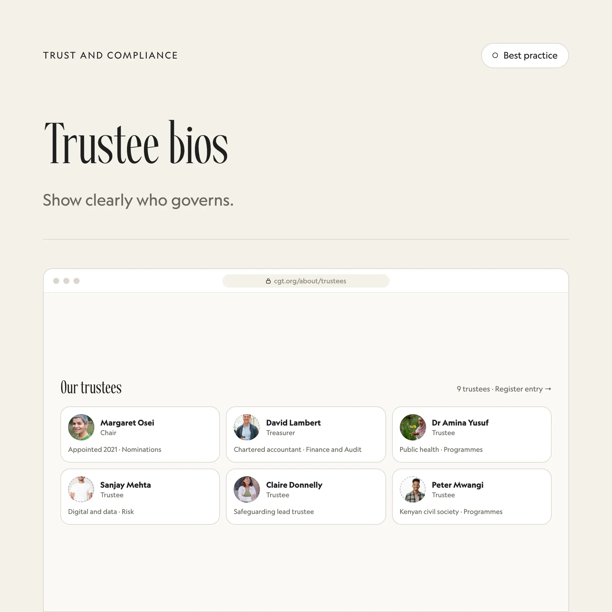 Trustees: an illustrated example of this section on a fictional charity's website