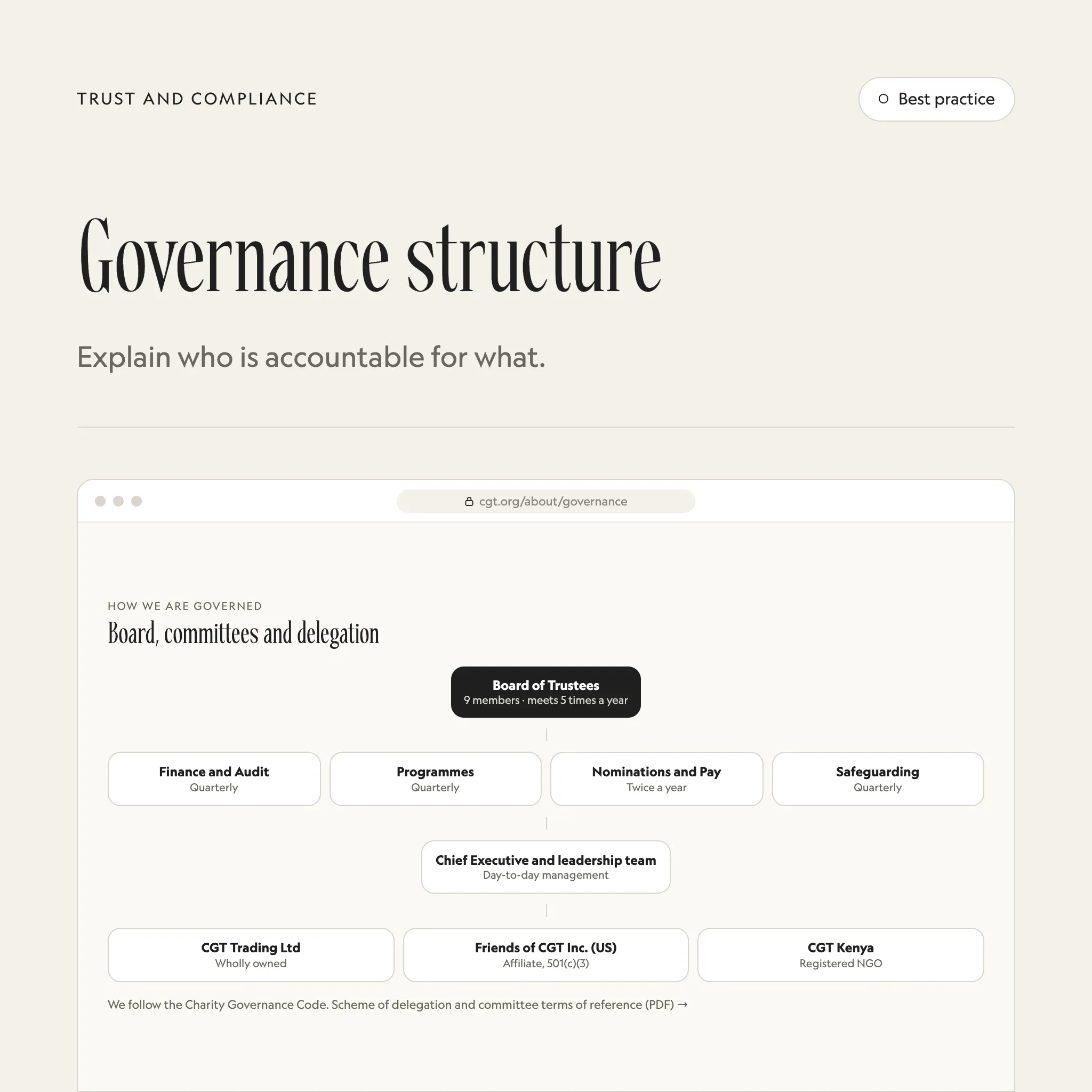 How we are governed: an illustrated example of this section on a fictional charity's website