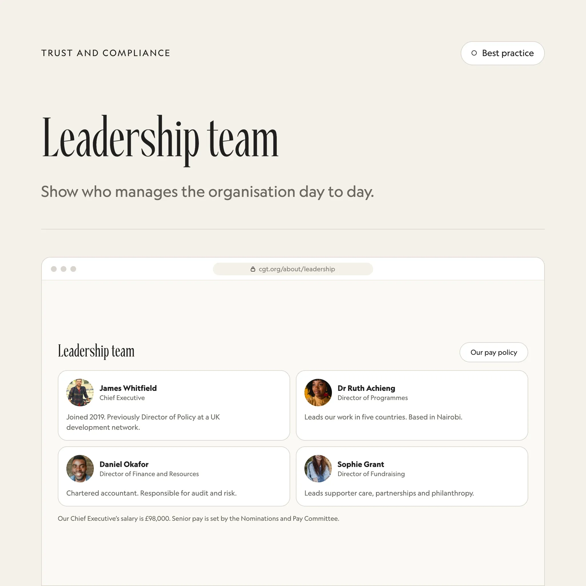 Leadership team: an illustrated example of this section on a fictional charity's website