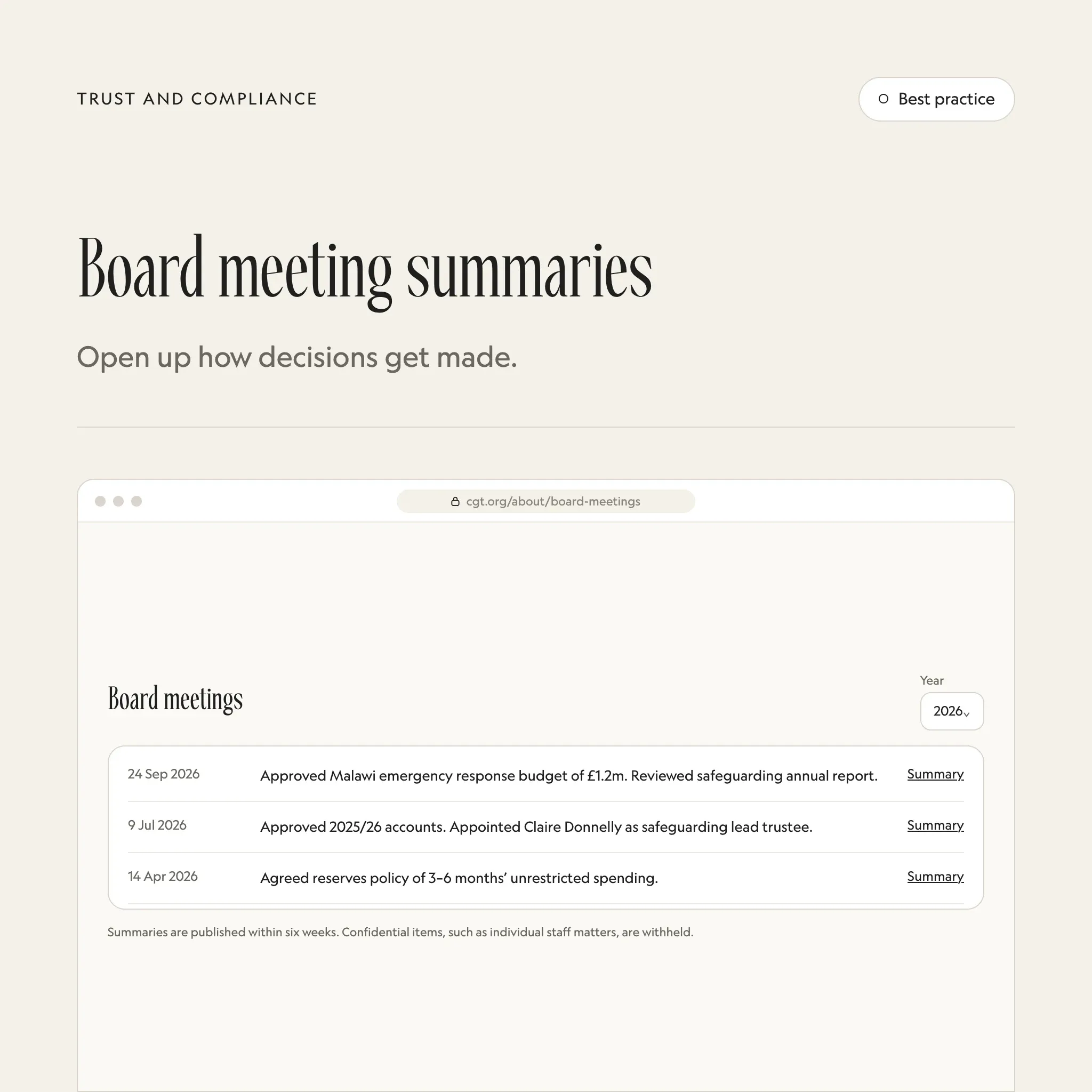 Board meeting summaries: an illustrated example of this section on a fictional charity's website