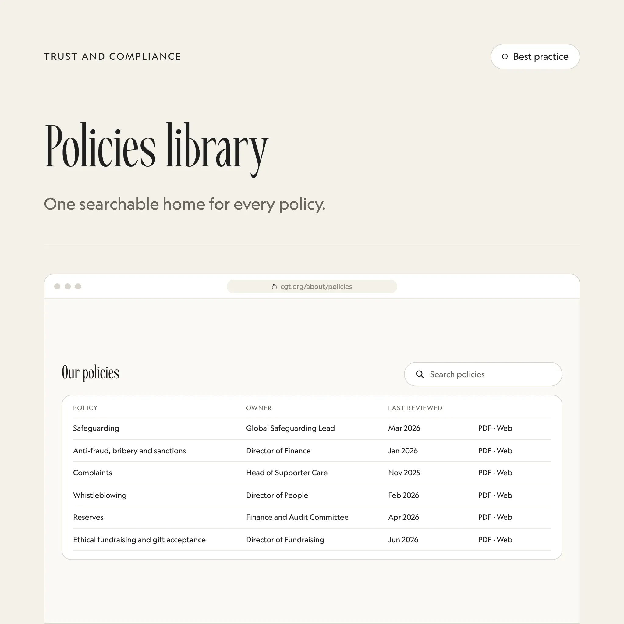 Policies library: an illustrated example of this section on a fictional charity's website