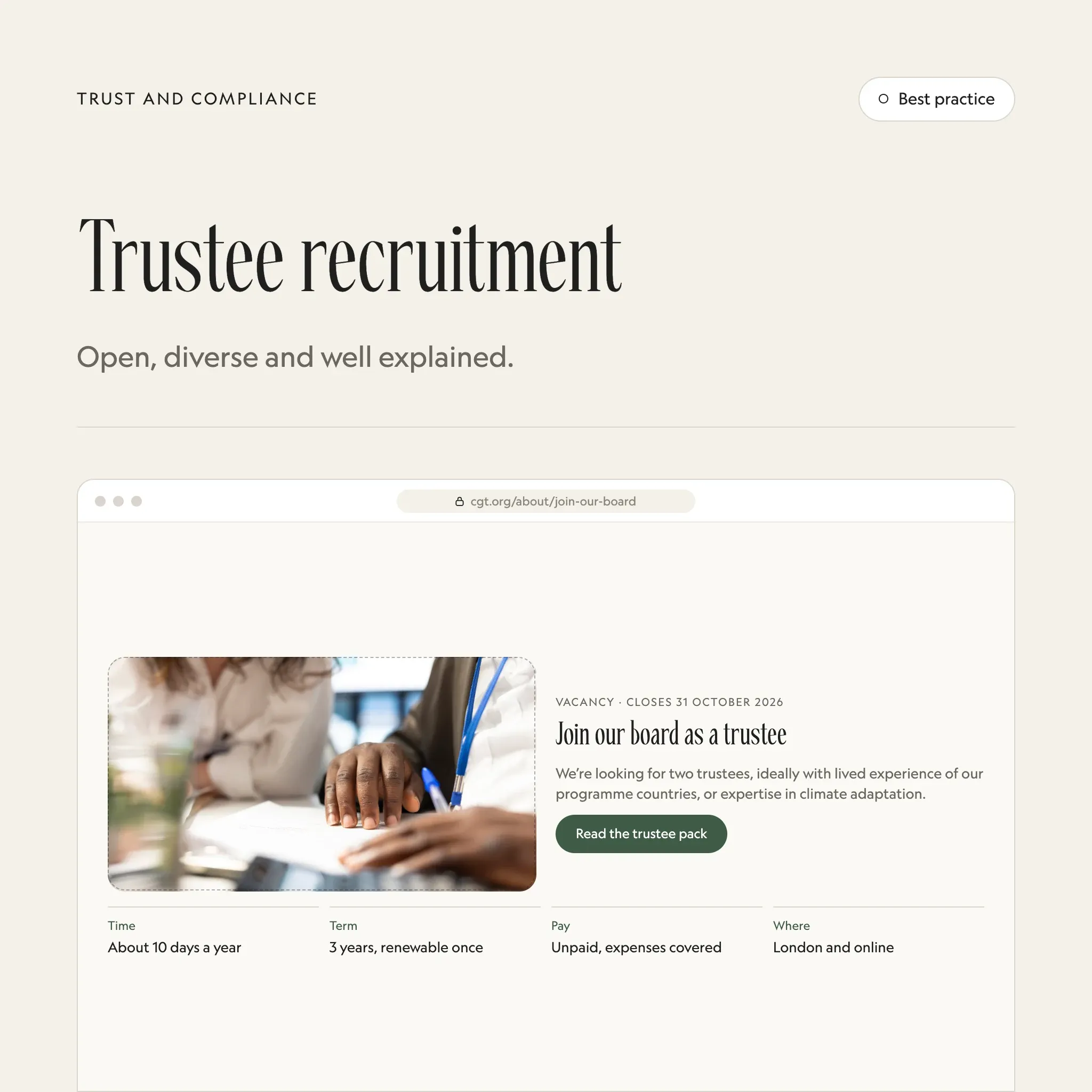 Become a trustee: an illustrated example of this section on a fictional charity's website