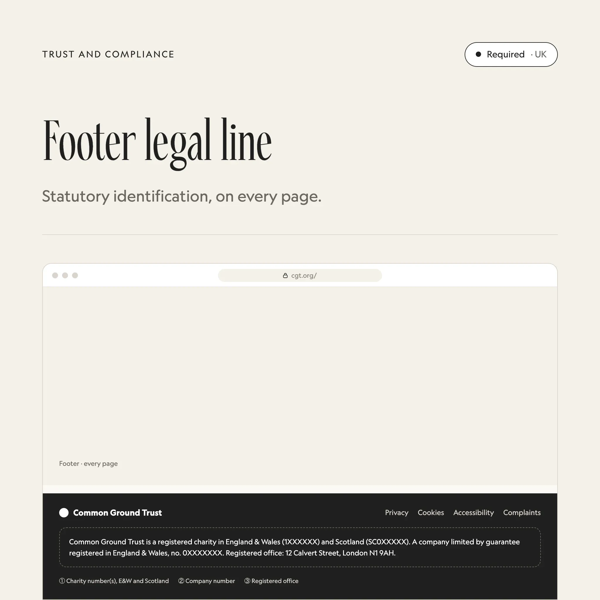 Footer legal line: an illustrated example of this section on a fictional charity's website
