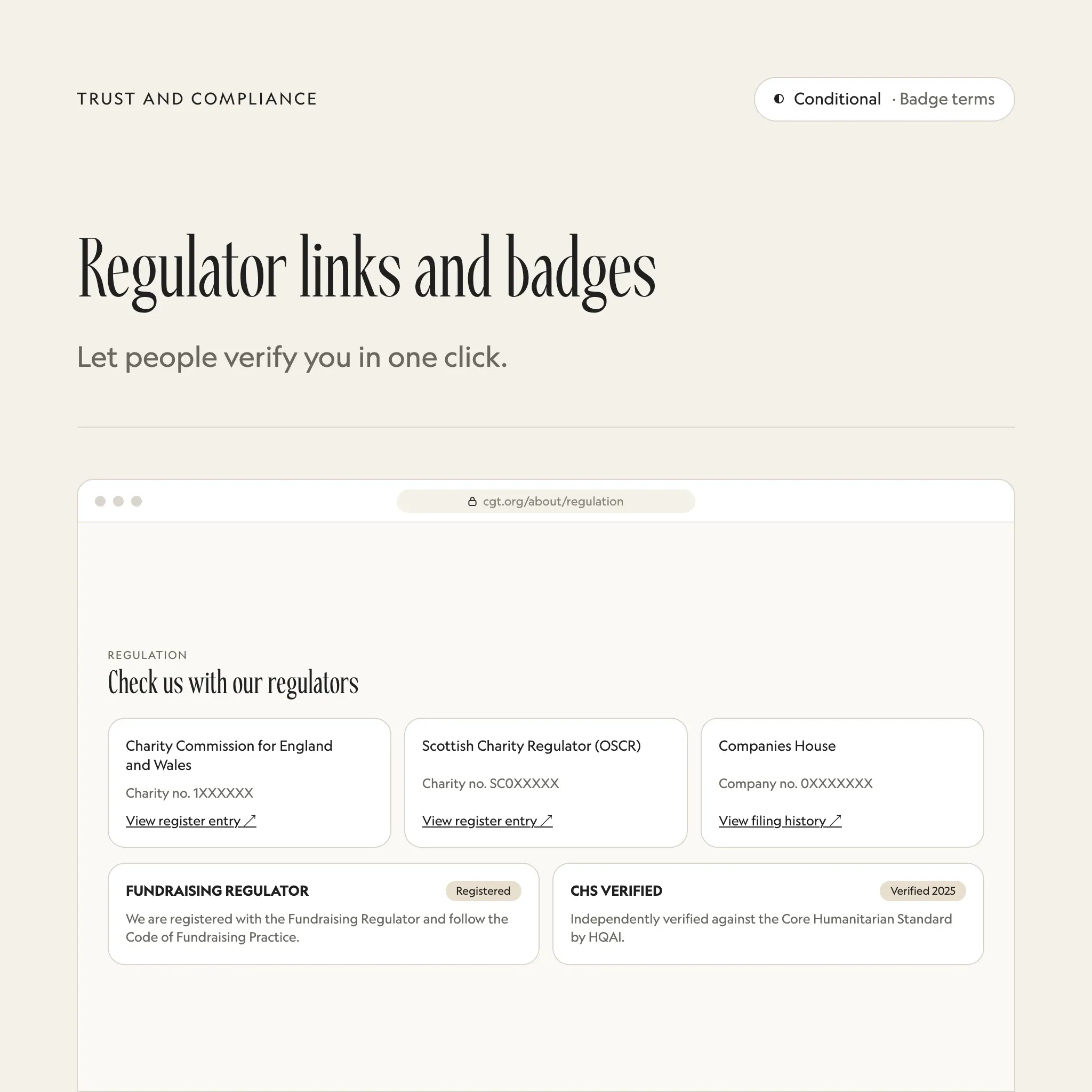 Regulated and verified: an illustrated example of this section on a fictional charity's website