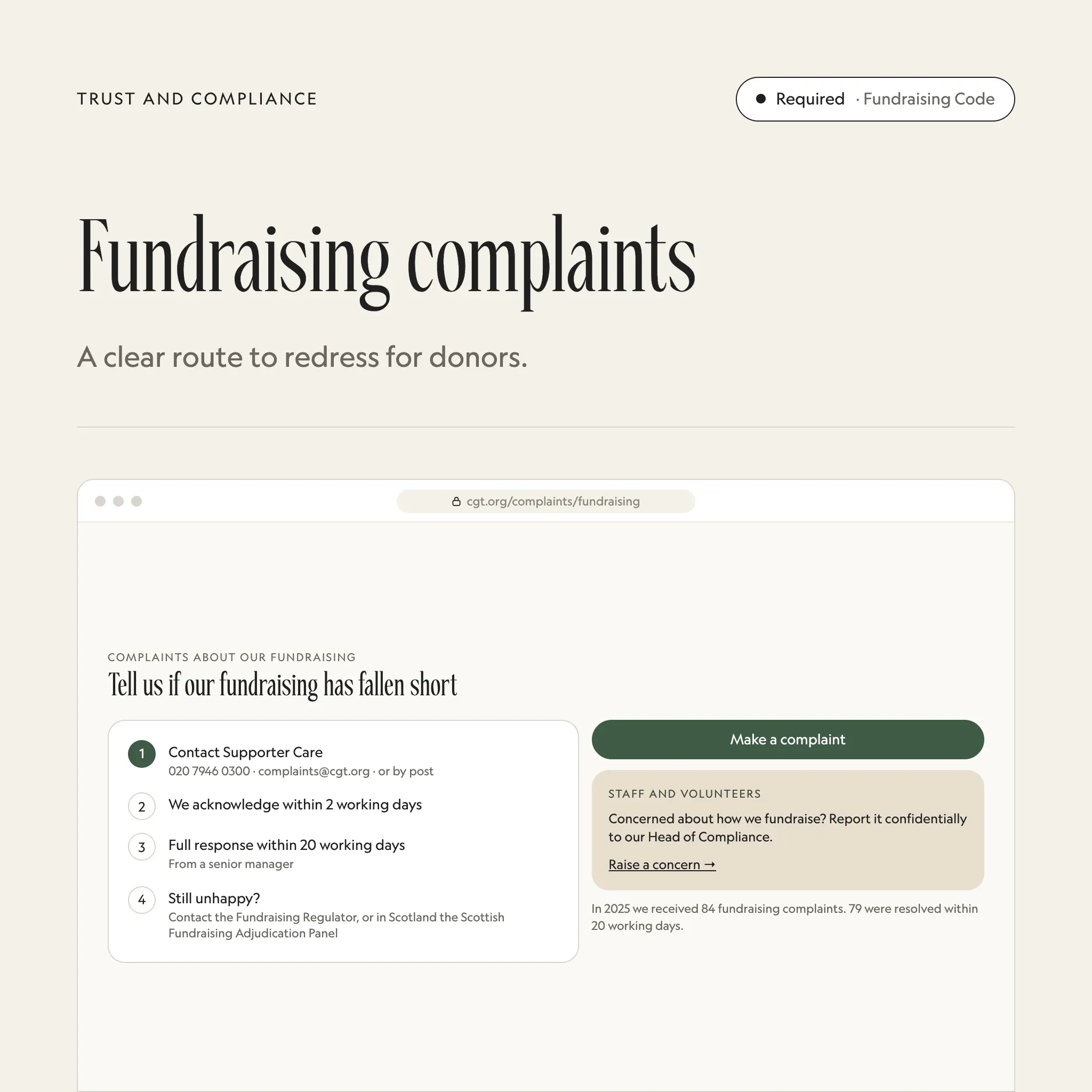 Fundraising complaints: an illustrated example of this section on a fictional charity's website