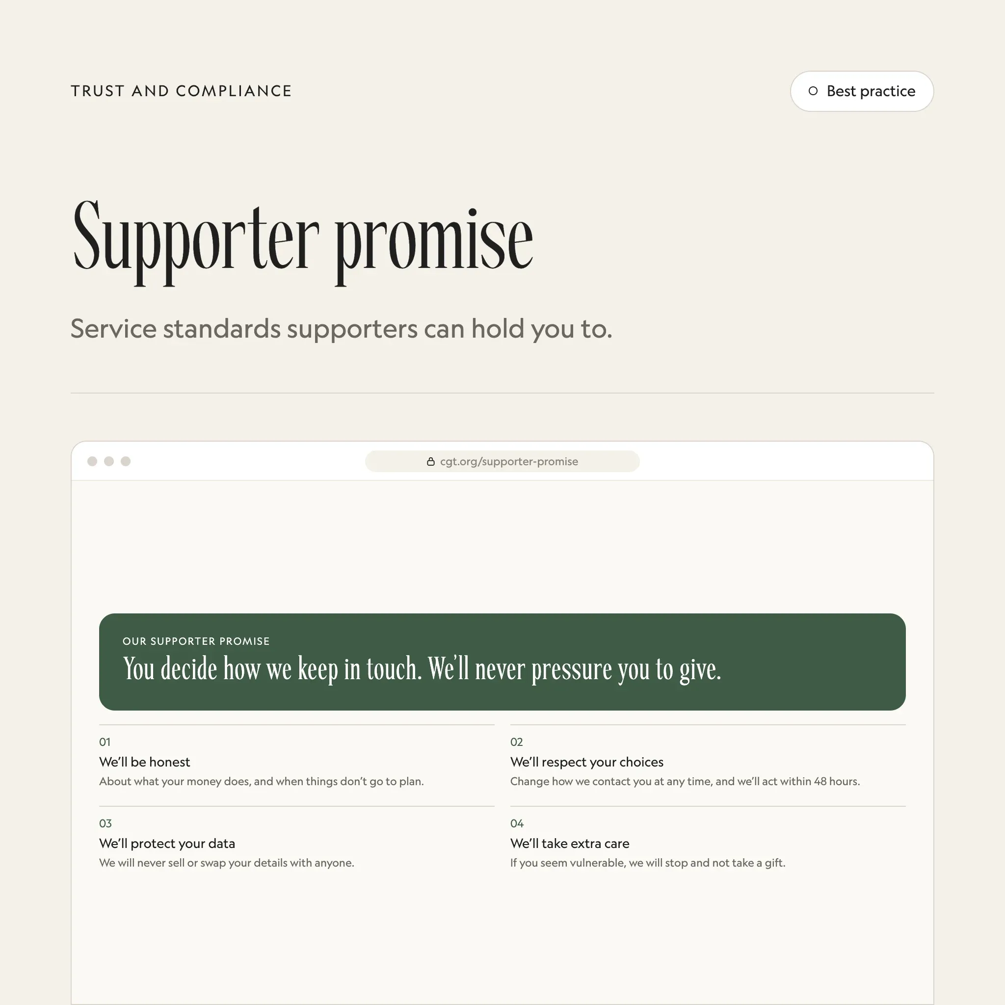 Supporter promise: an illustrated example of this section on a fictional charity's website
