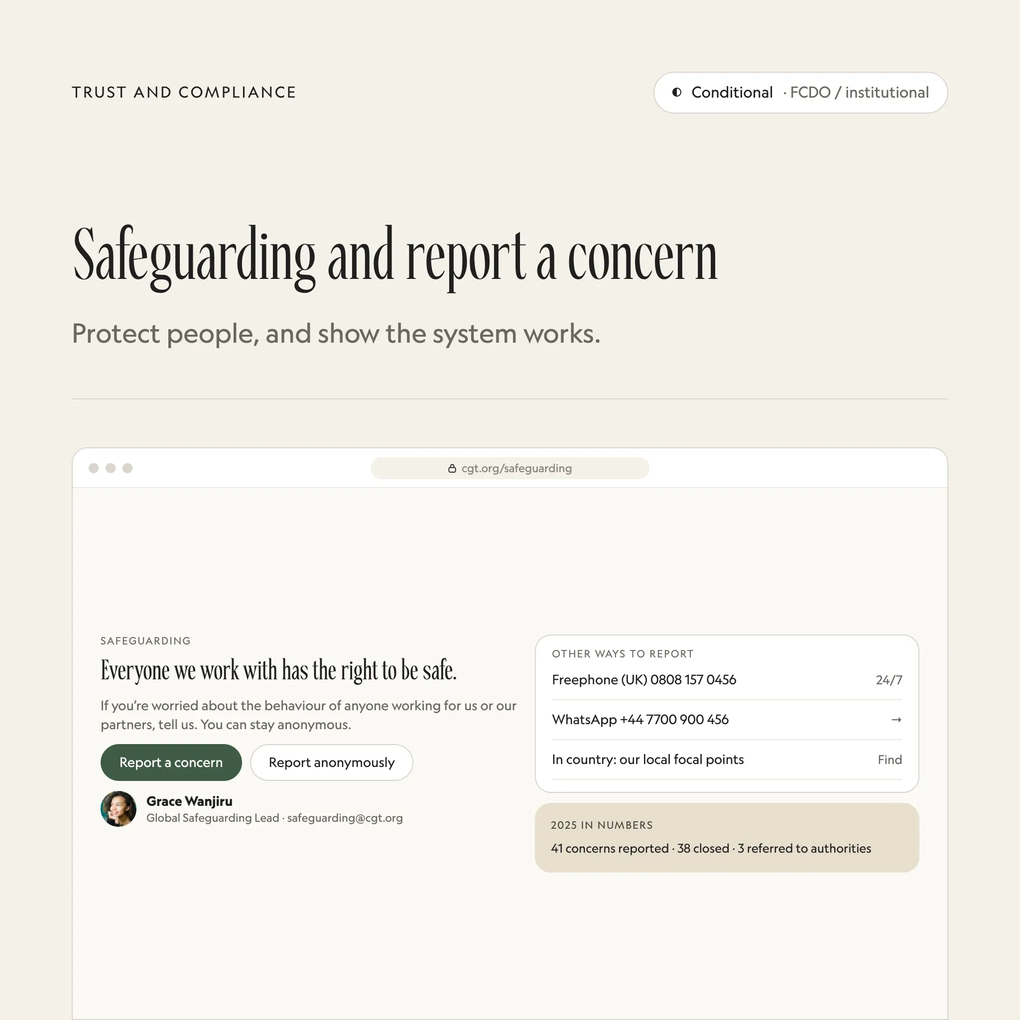Safeguarding: an illustrated example of this section on a fictional charity's website