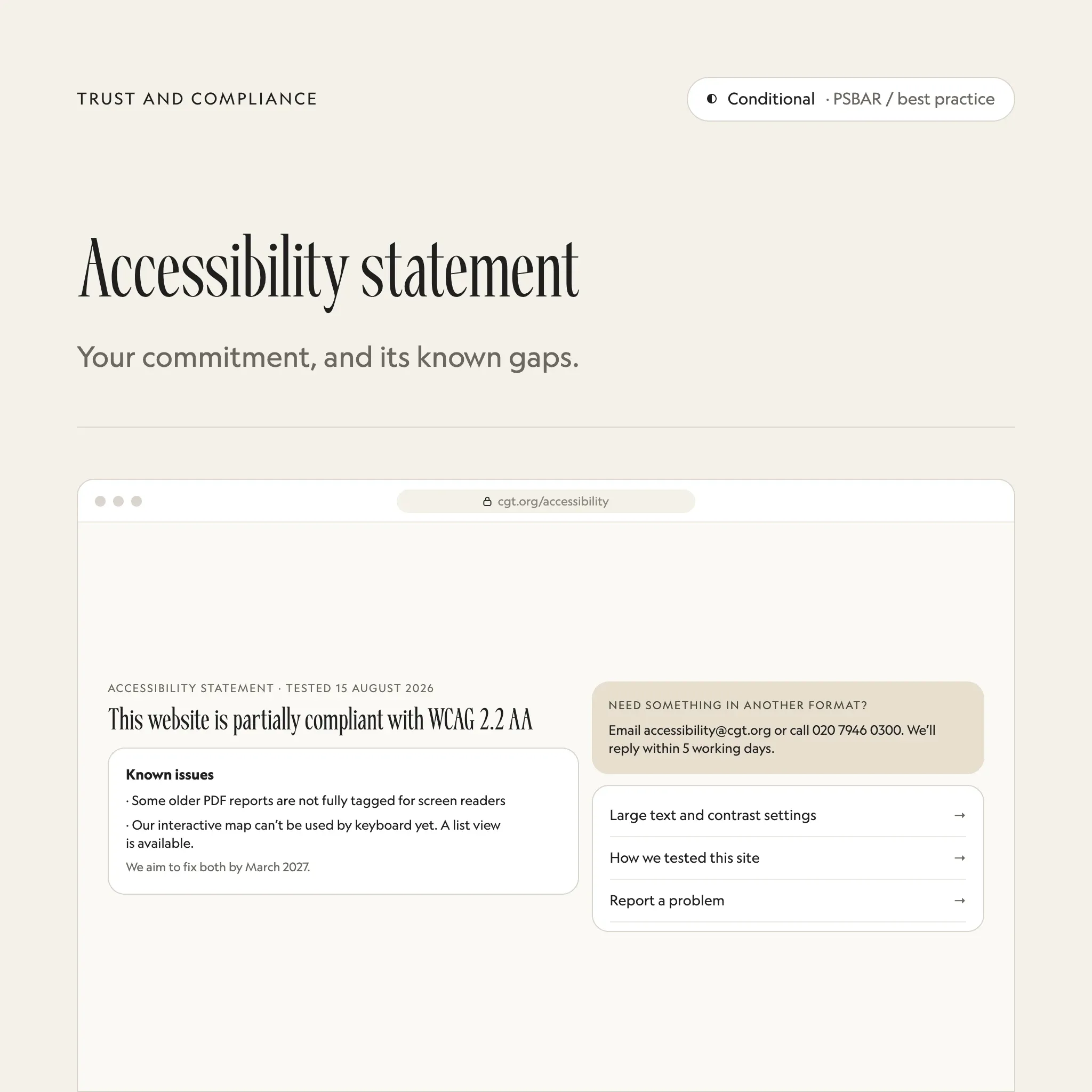 Accessibility statement: an illustrated example of this section on a fictional charity's website