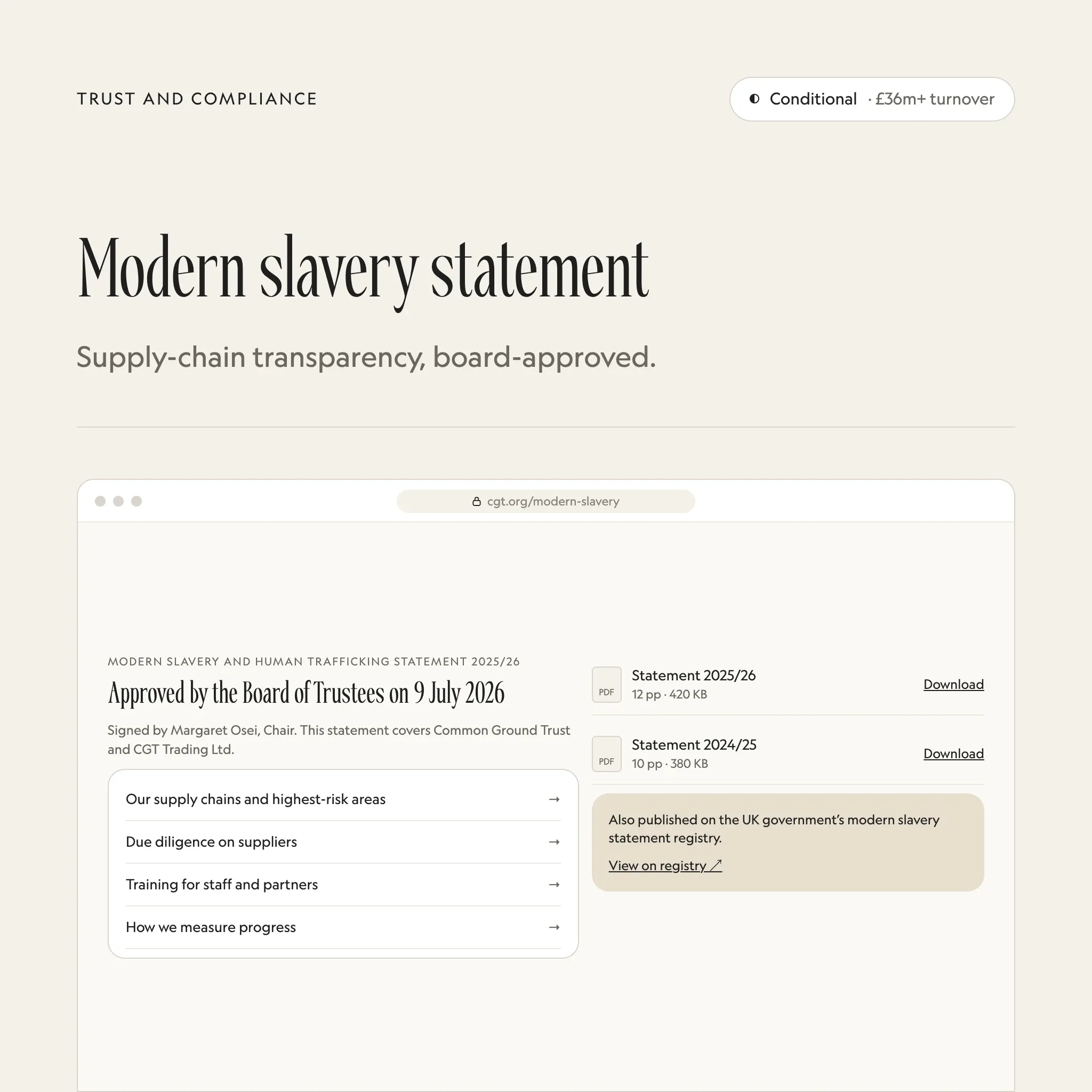 Modern slavery statement: an illustrated example of this section on a fictional charity's website