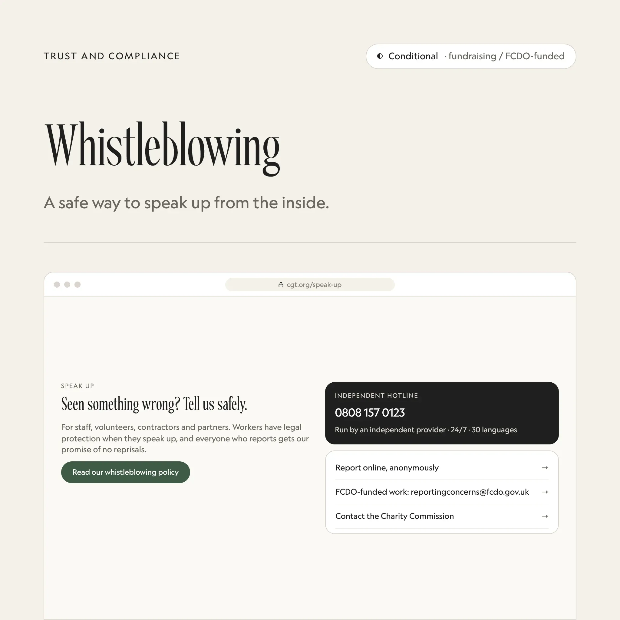 Speak up: an illustrated example of this section on a fictional charity's website