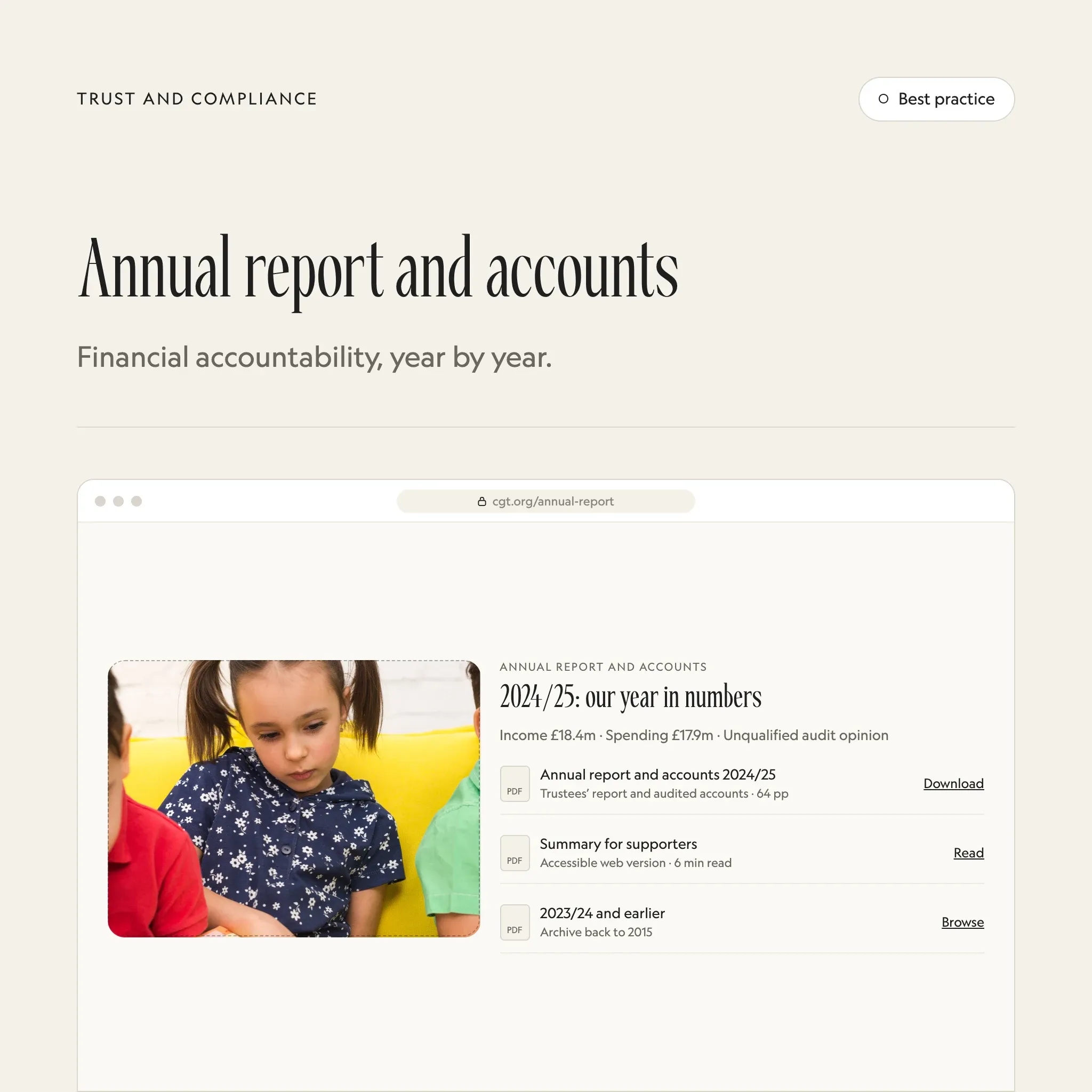 Annual report and accounts: an illustrated example of this section on a fictional charity's website