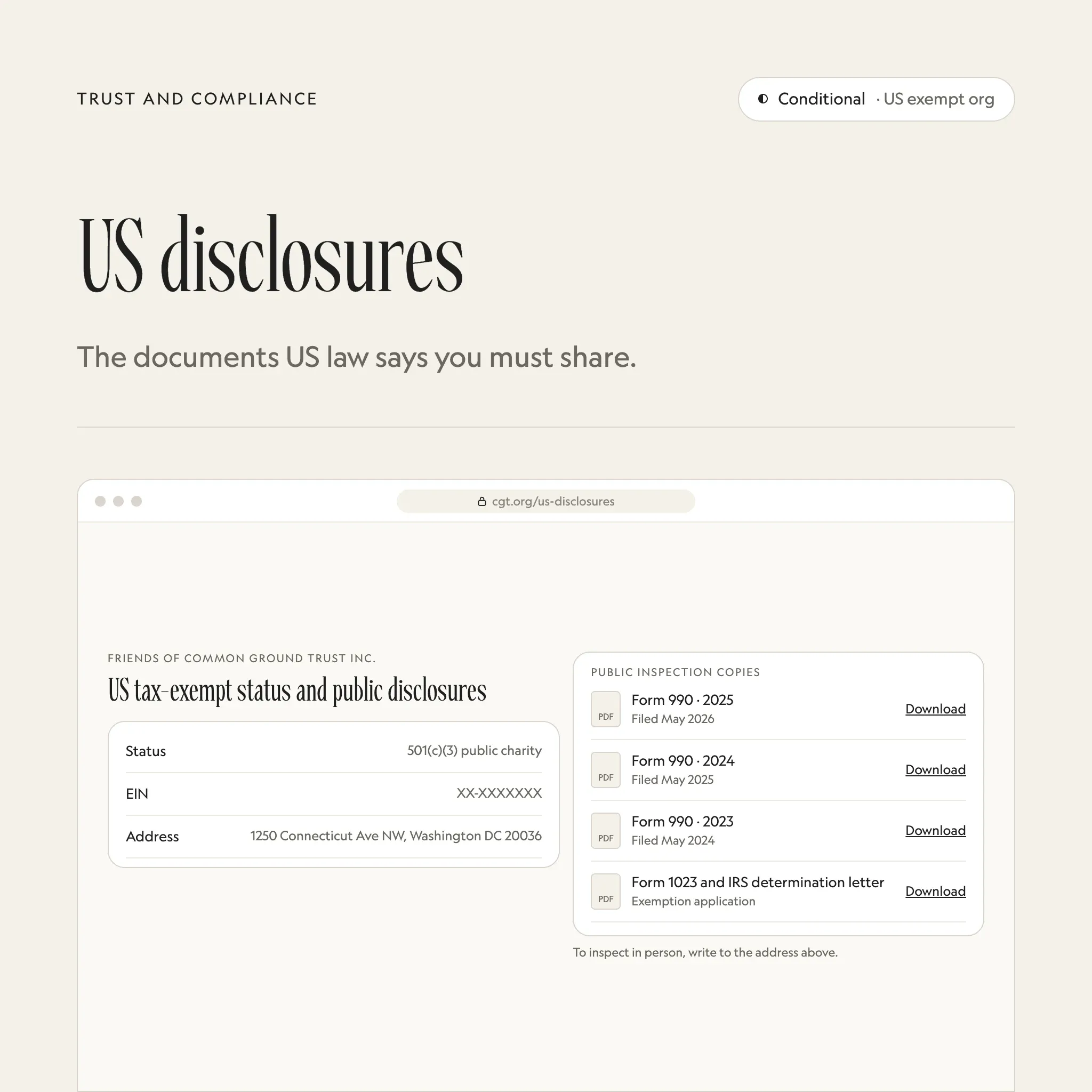 US disclosures: an illustrated example of this section on a fictional charity's website